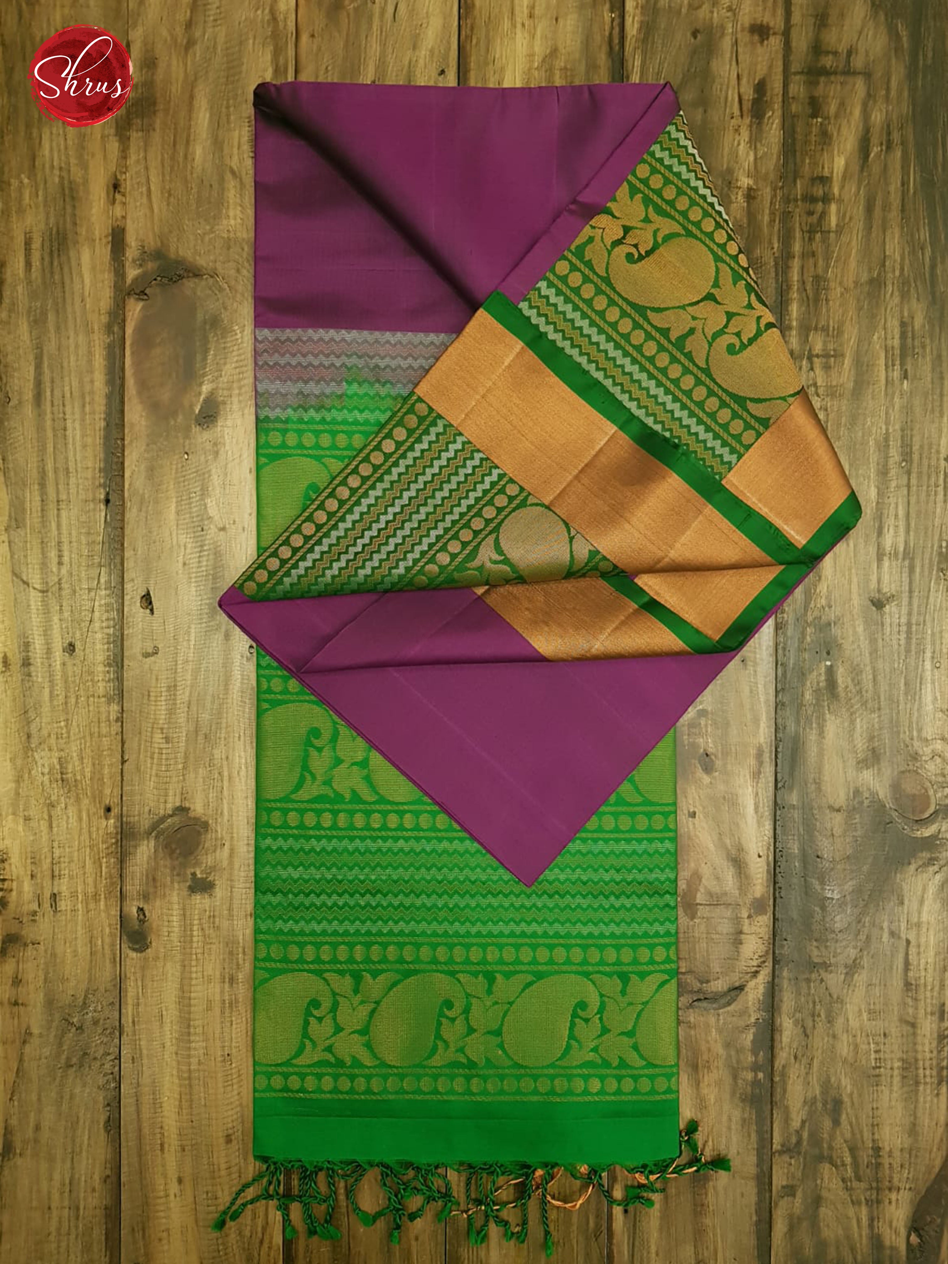 Purple & Green - Soft Silk with Border & Gold Zari - Shop on ShrusEternity.com