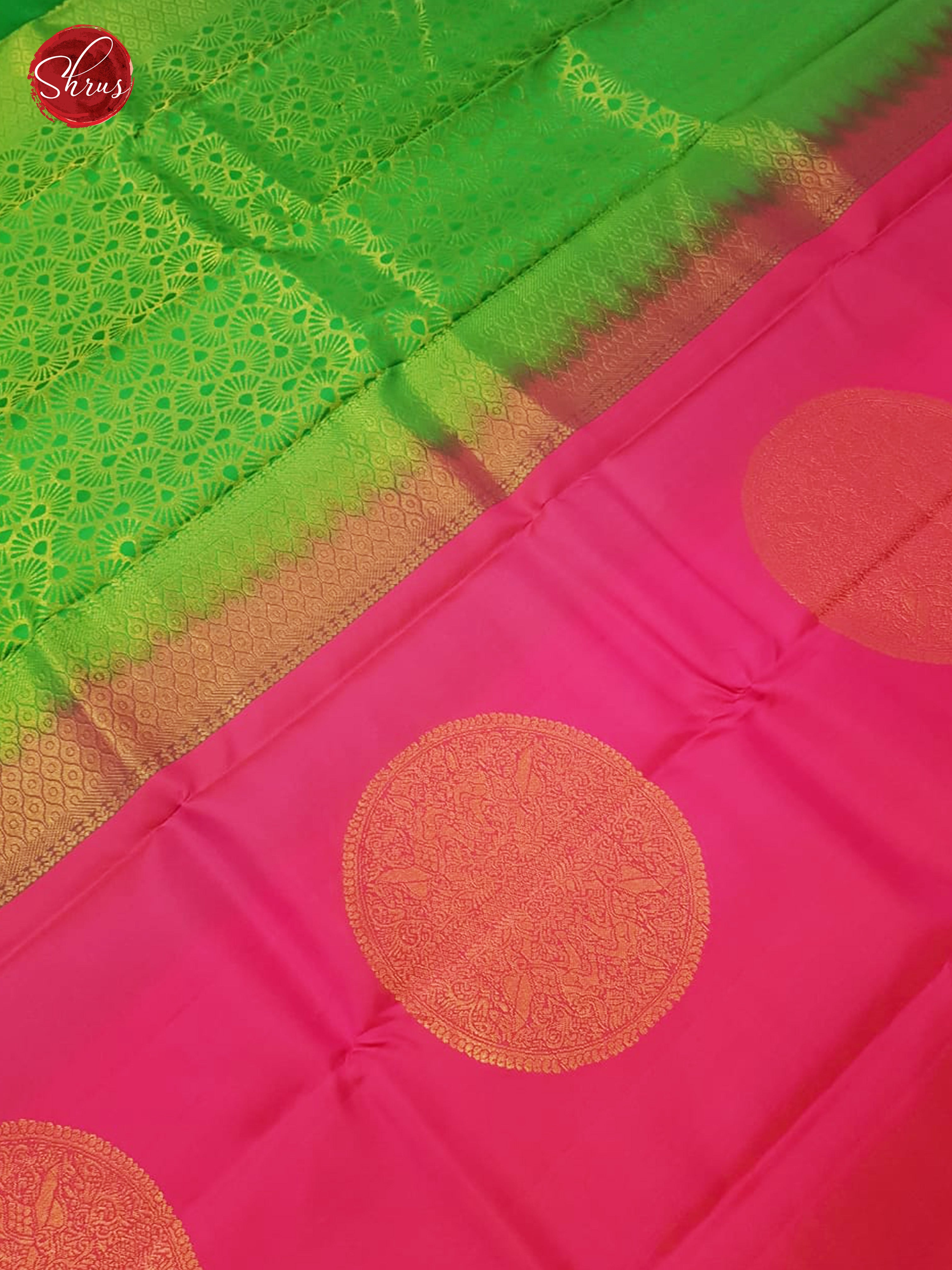Pink ,& Green - Borderless Soft Silk with Gold Zari - Shop on ShrusEternity.com