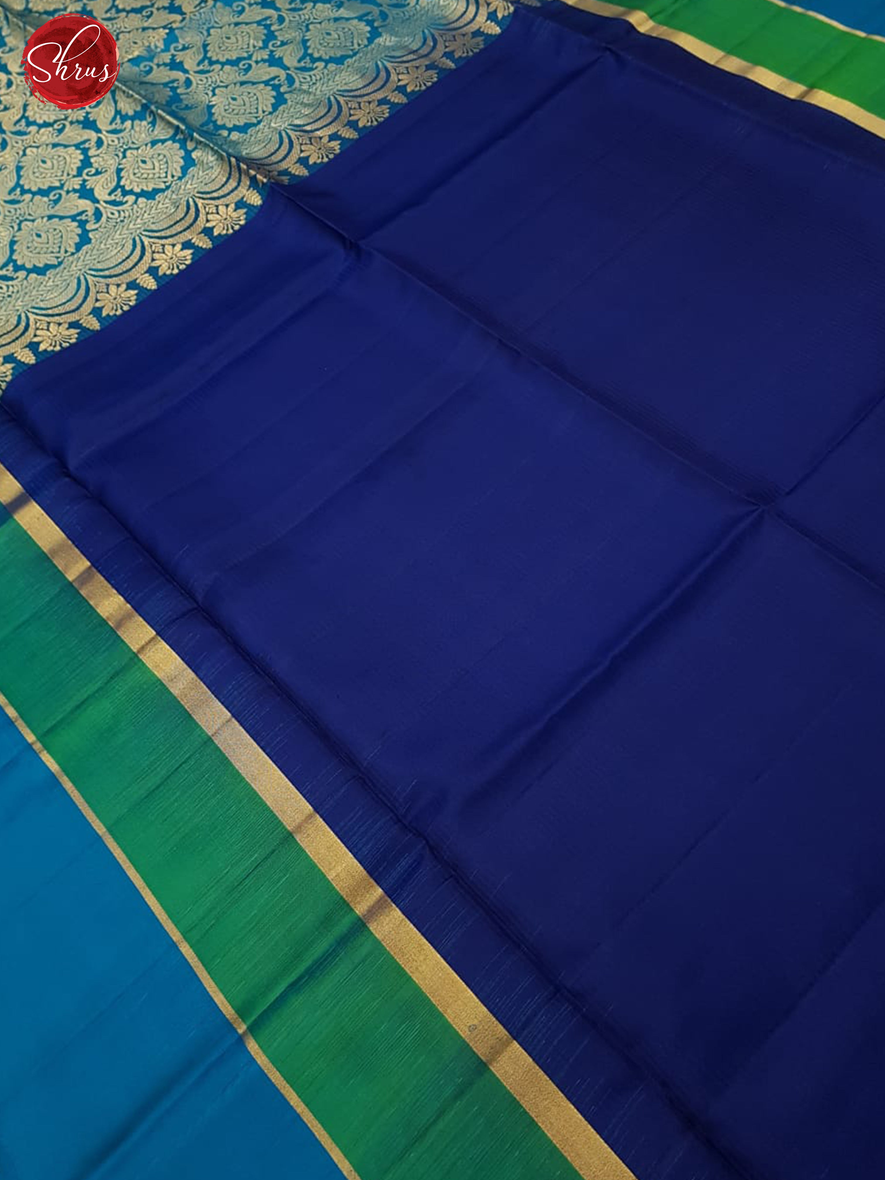 Blue & Teal -  Soft Silk with Border& Gold Zari - Shop on ShrusEternity.com