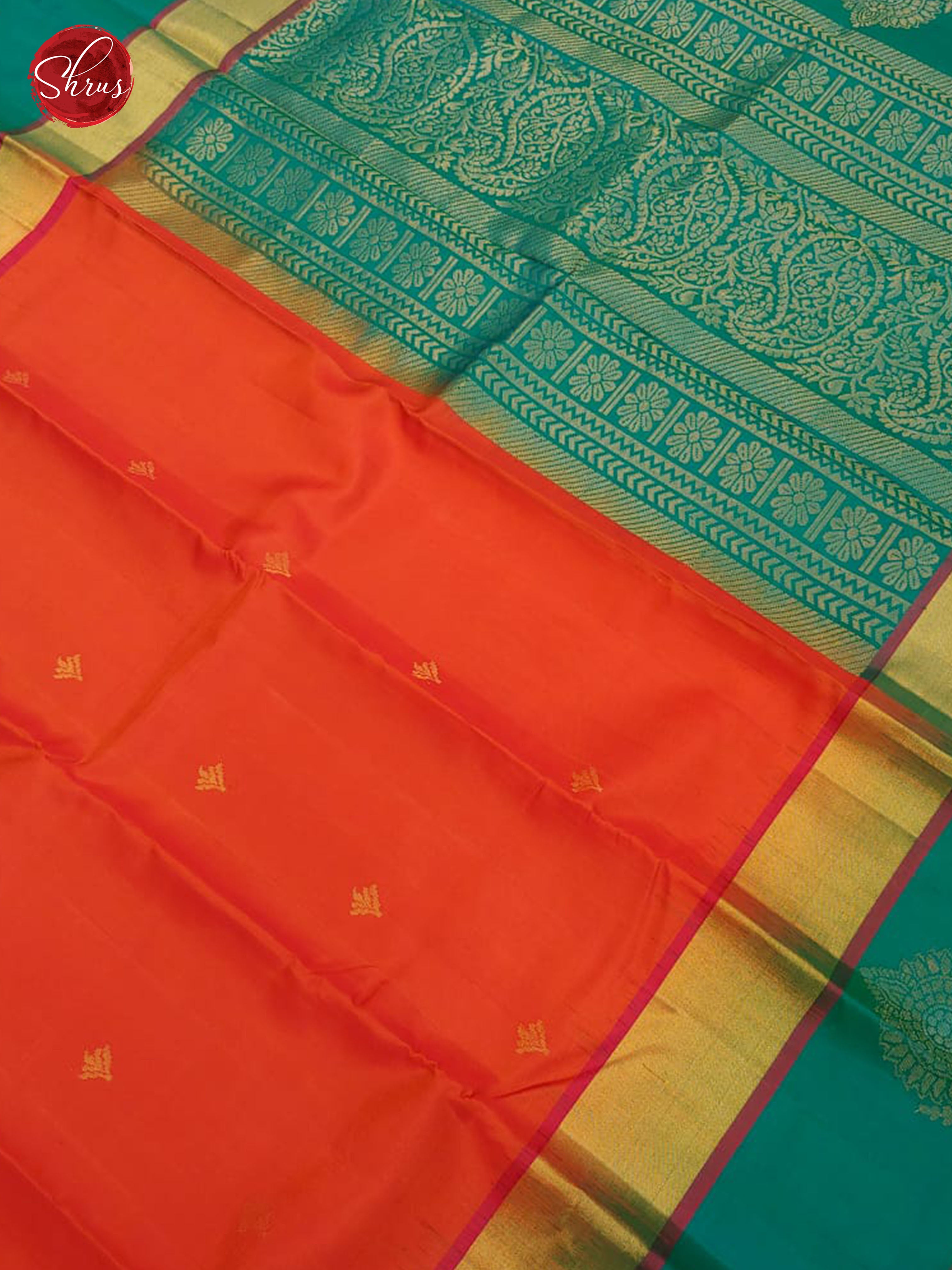 Orange & Teal - Soft Silk with Border & Gold zari - Shop on ShrusEternity.com