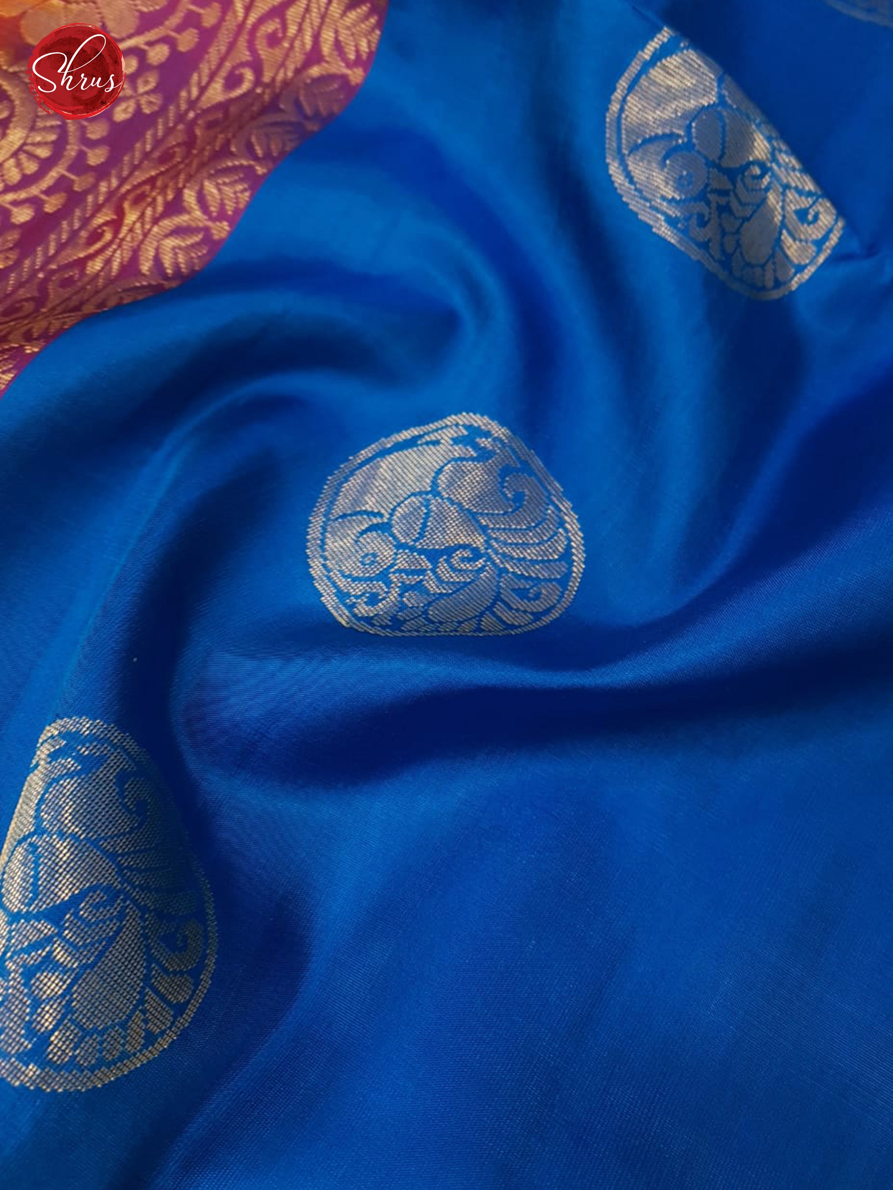 Blue & Orangish Pink - Soft Silk with Border & Gold zari - Shop on ShrusEternity.com