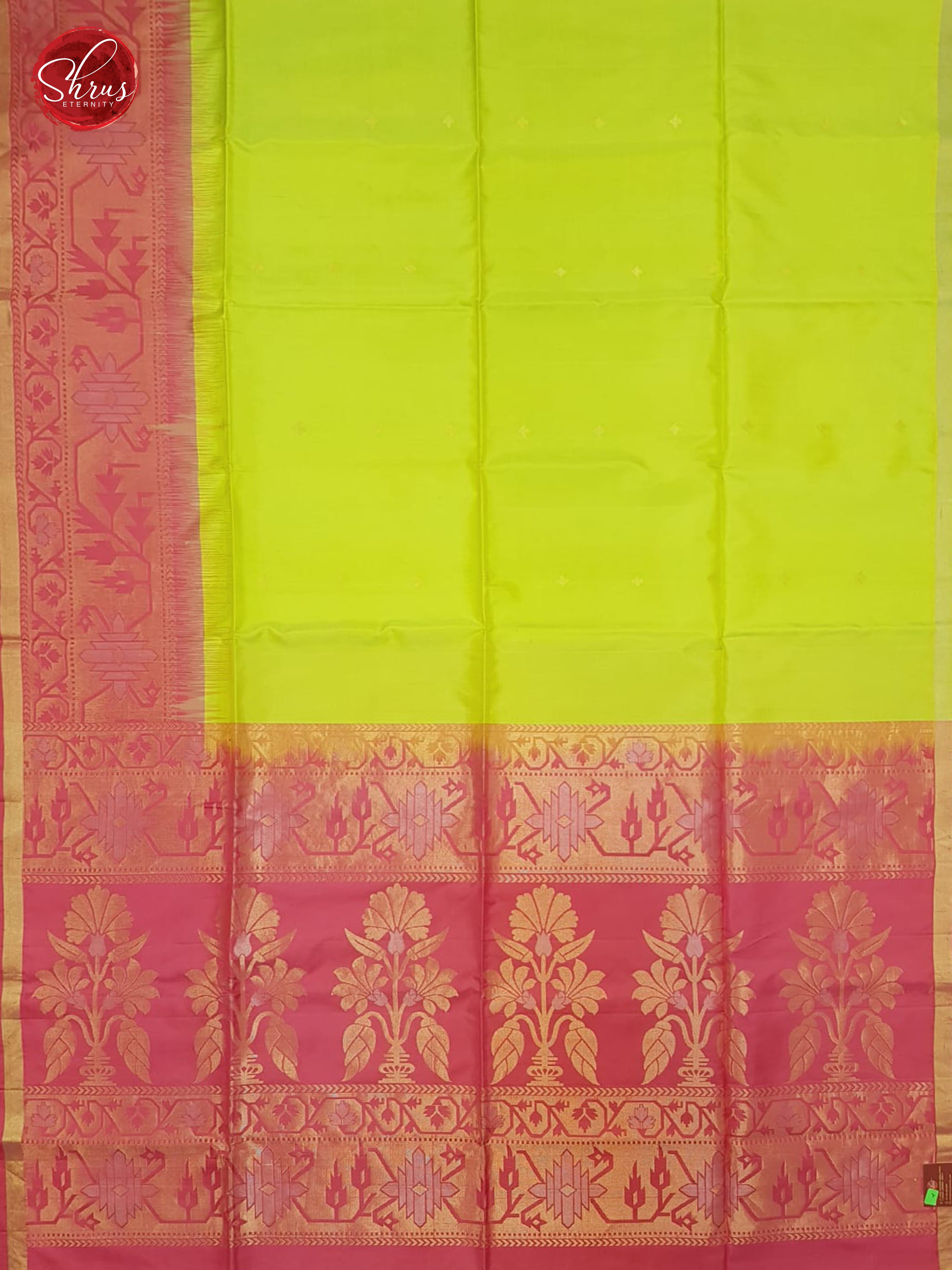 Parrot Green & Pink-Soft Silk Saree with zari buttas on the body & Contrast Zari Border - Shop on ShrusEternity.com