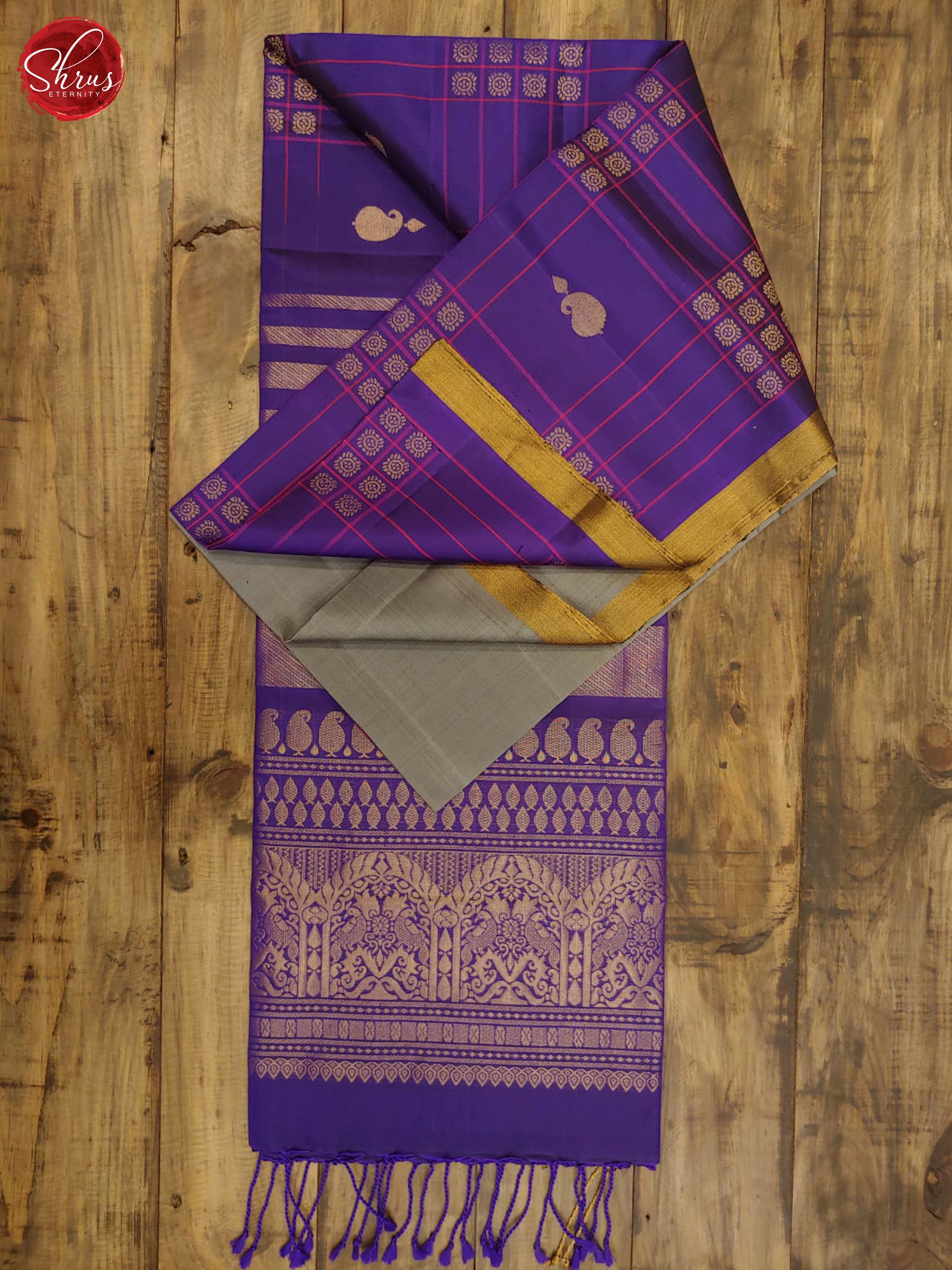 Grey & Violet - Soft Silk with Gold zari & Border - Shop on ShrusEternity.com