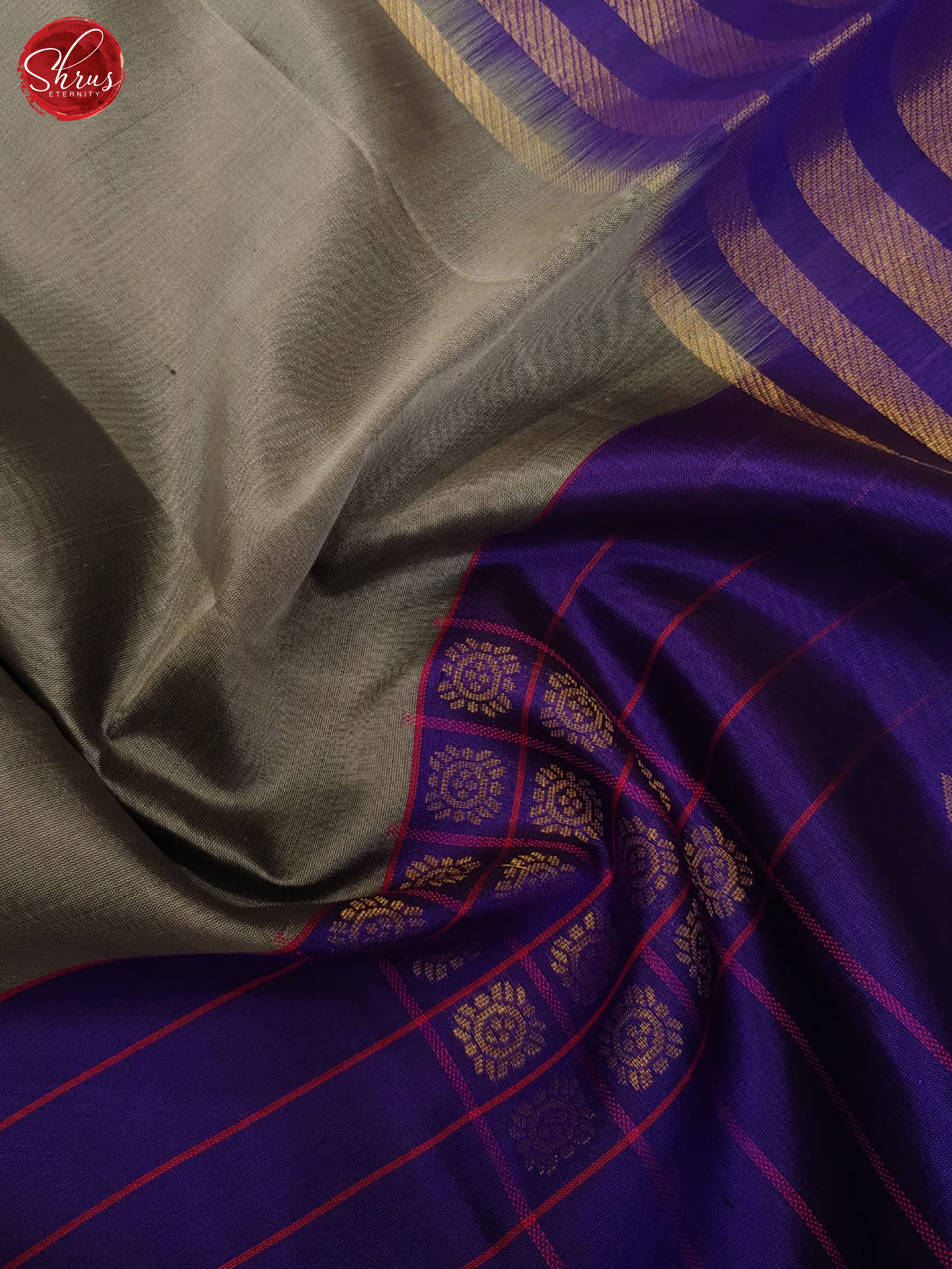 Grey & Violet - Soft Silk with Gold zari & Border - Shop on ShrusEternity.com