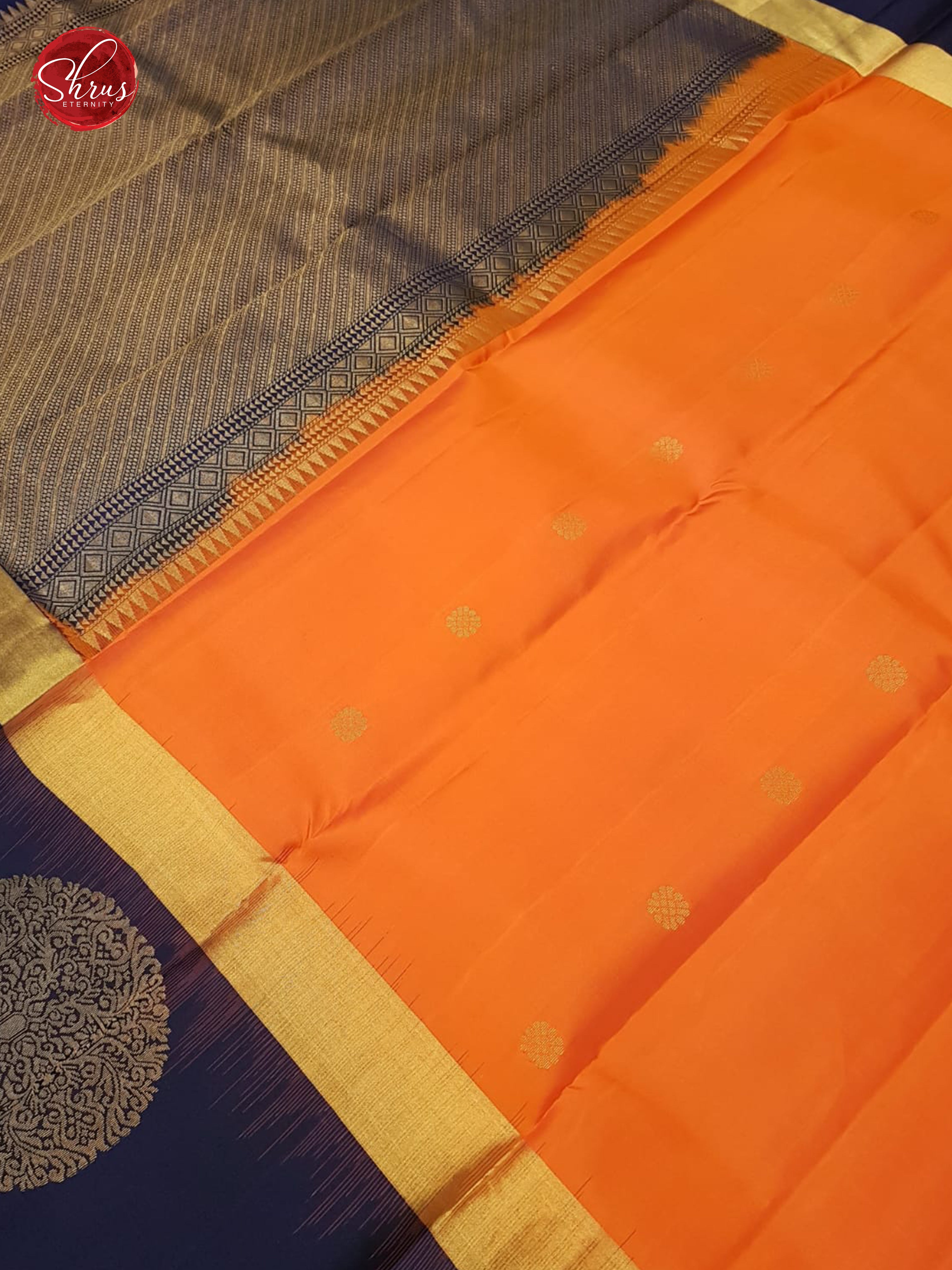Orange & Blue - Soft Silk with Border & Gold Zari - Shop on ShrusEternity.com