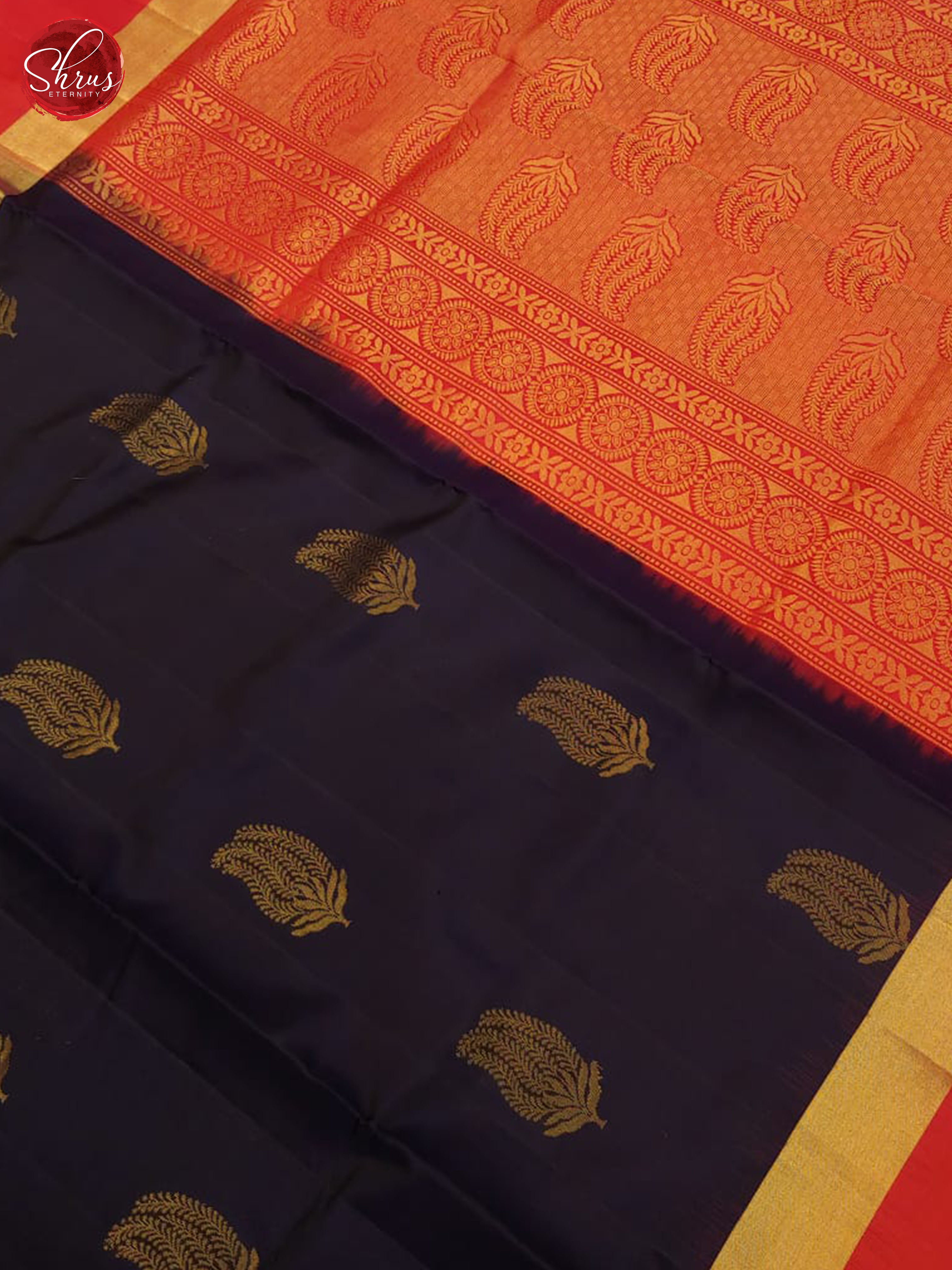 Navy Blue & Red  - Soft Silk with Border & Gold Zari - Shop on ShrusEternity.com