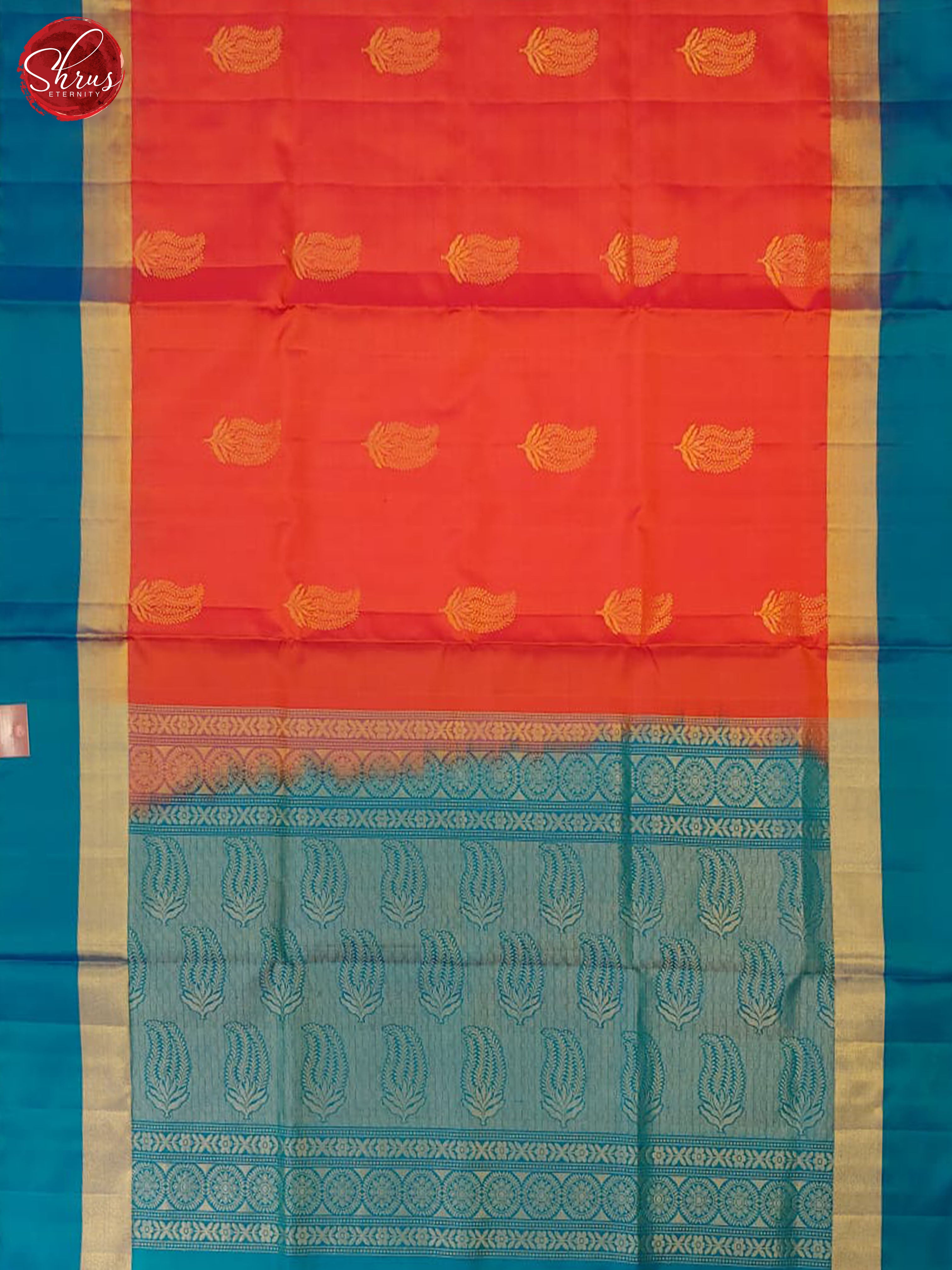 Orange & Blue - Soft Silk with Border & gold Zari - Shop on ShrusEternity.com