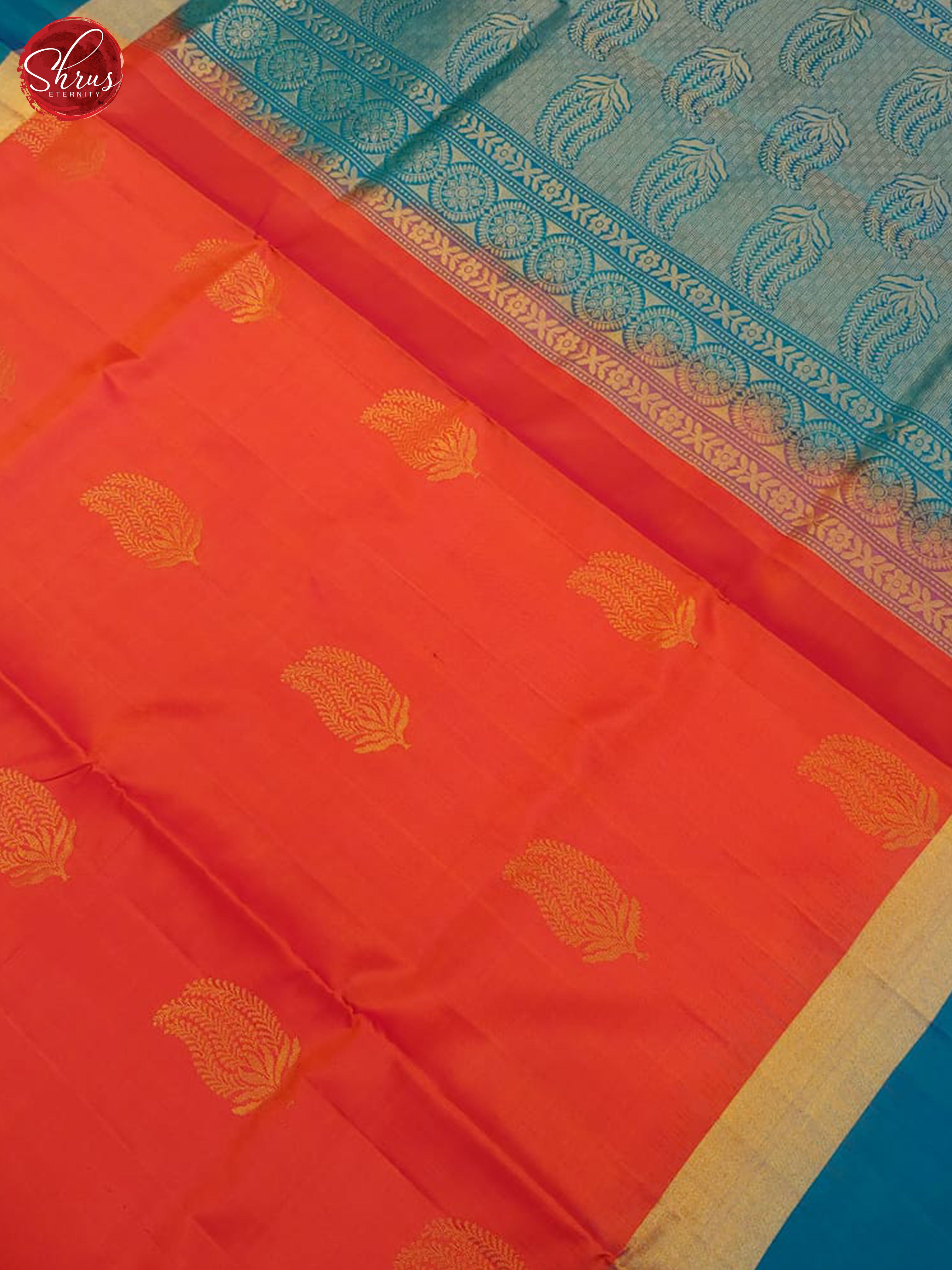 Orange & Blue - Soft Silk with Border & gold Zari - Shop on ShrusEternity.com