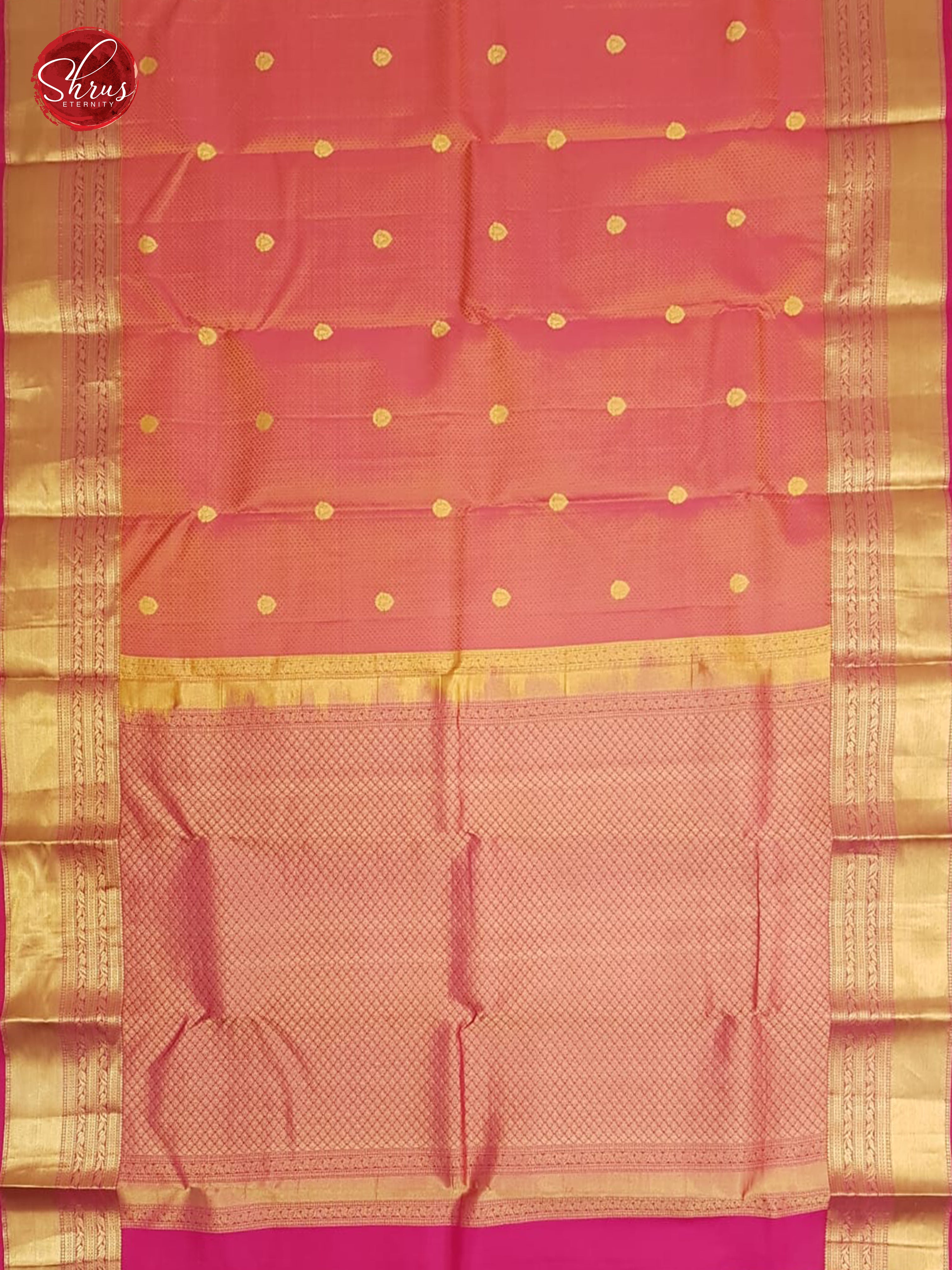 Orangish Pink & Pink - Kanchipuram Silk with Border & Gold zari - Shop on ShrusEternity.com