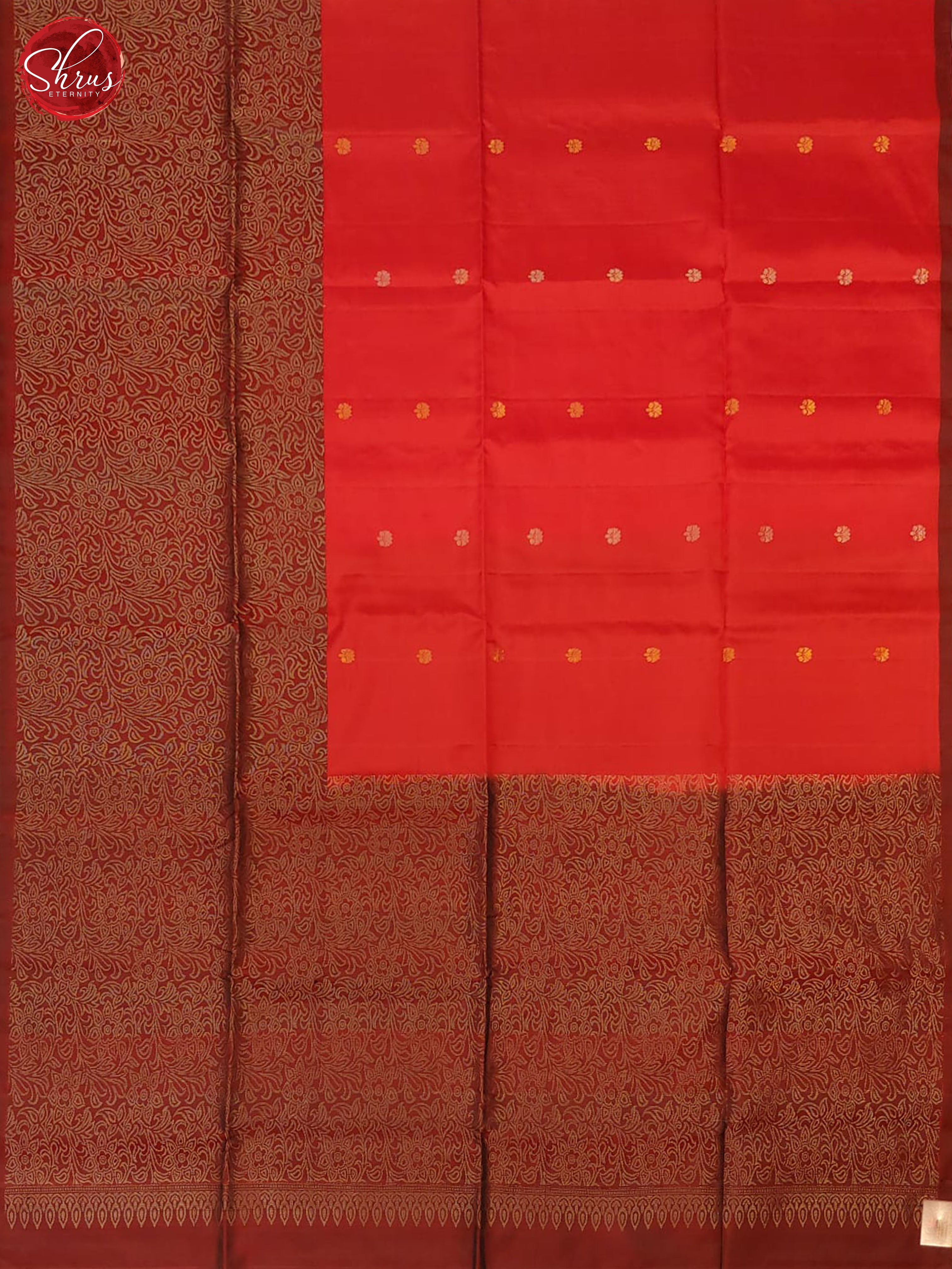 Brick Orange & Maroon - Soft Silk with Gold , Silver Zari & Border - Shop on ShrusEternity.com