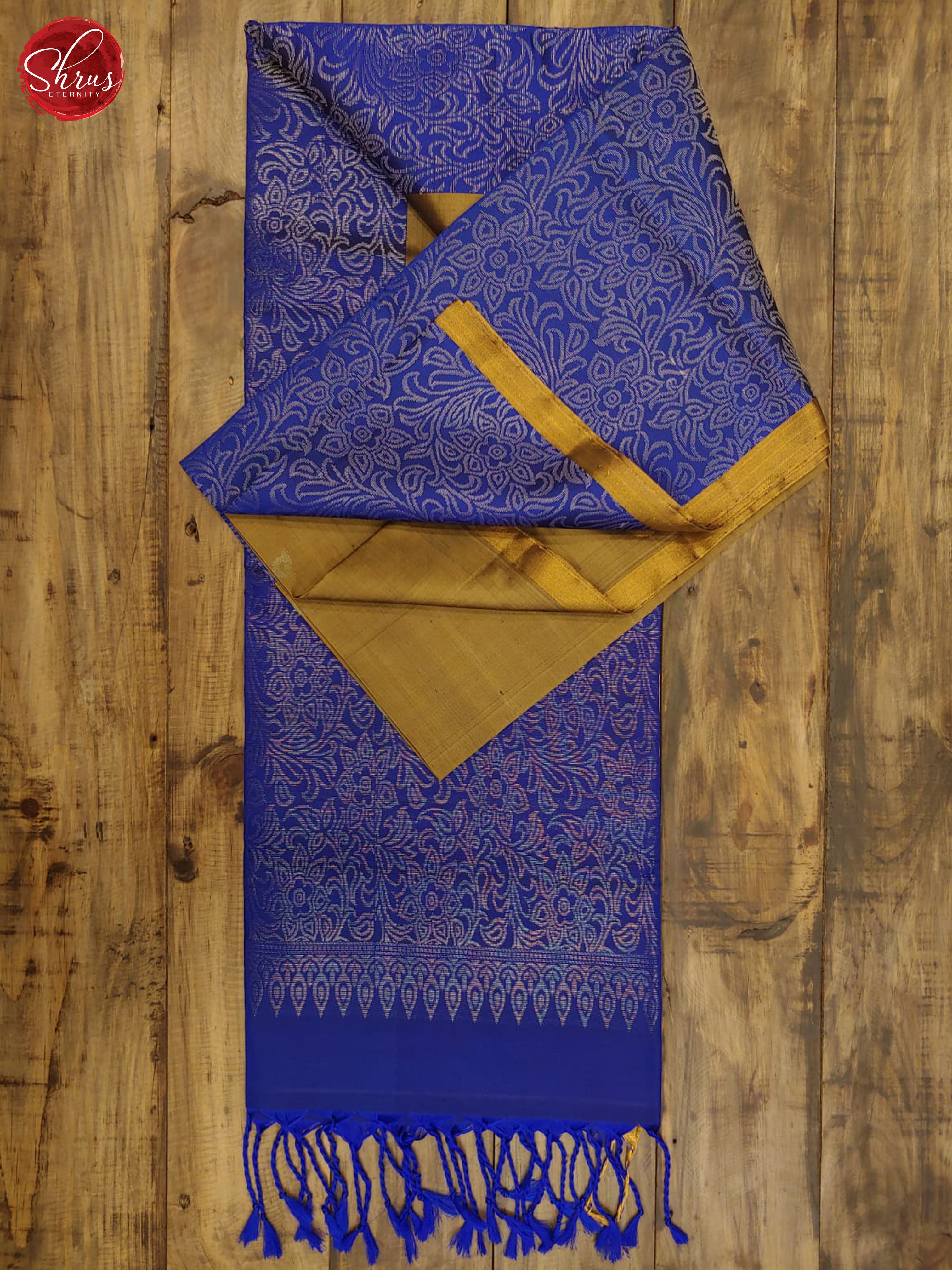 Dull Gold & Blue - Soft Silk with Gold , Silver Zari  & Border - Shop on ShrusEternity.com