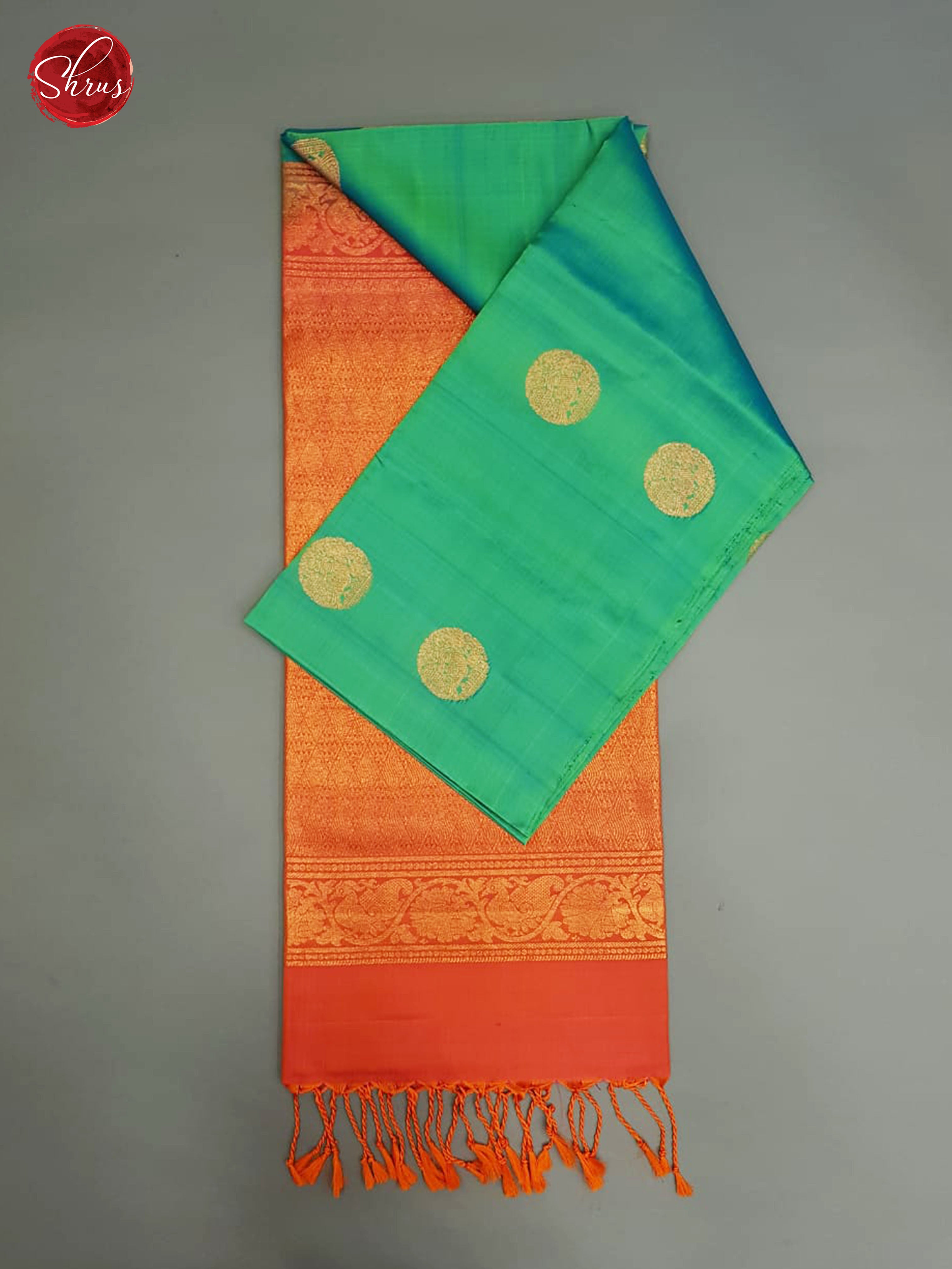Green & Orange - Borderless Soft Silk with Gold zari - Shop on ShrusEternity.com