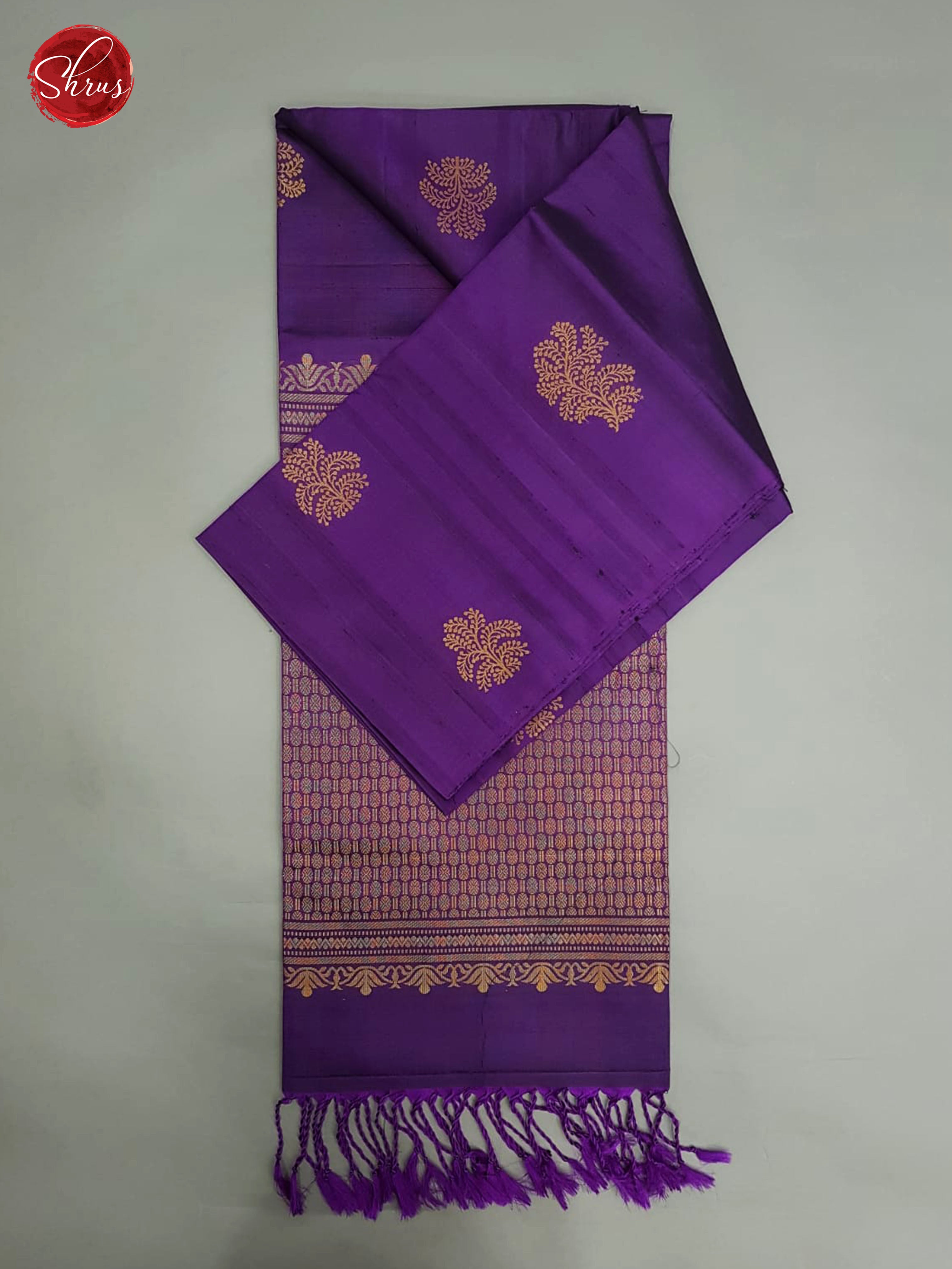 Purple(Single Tone) - Borderless Soft Silk with Gold Zari floral motifs on the Body - Shop on ShrusEternity.com