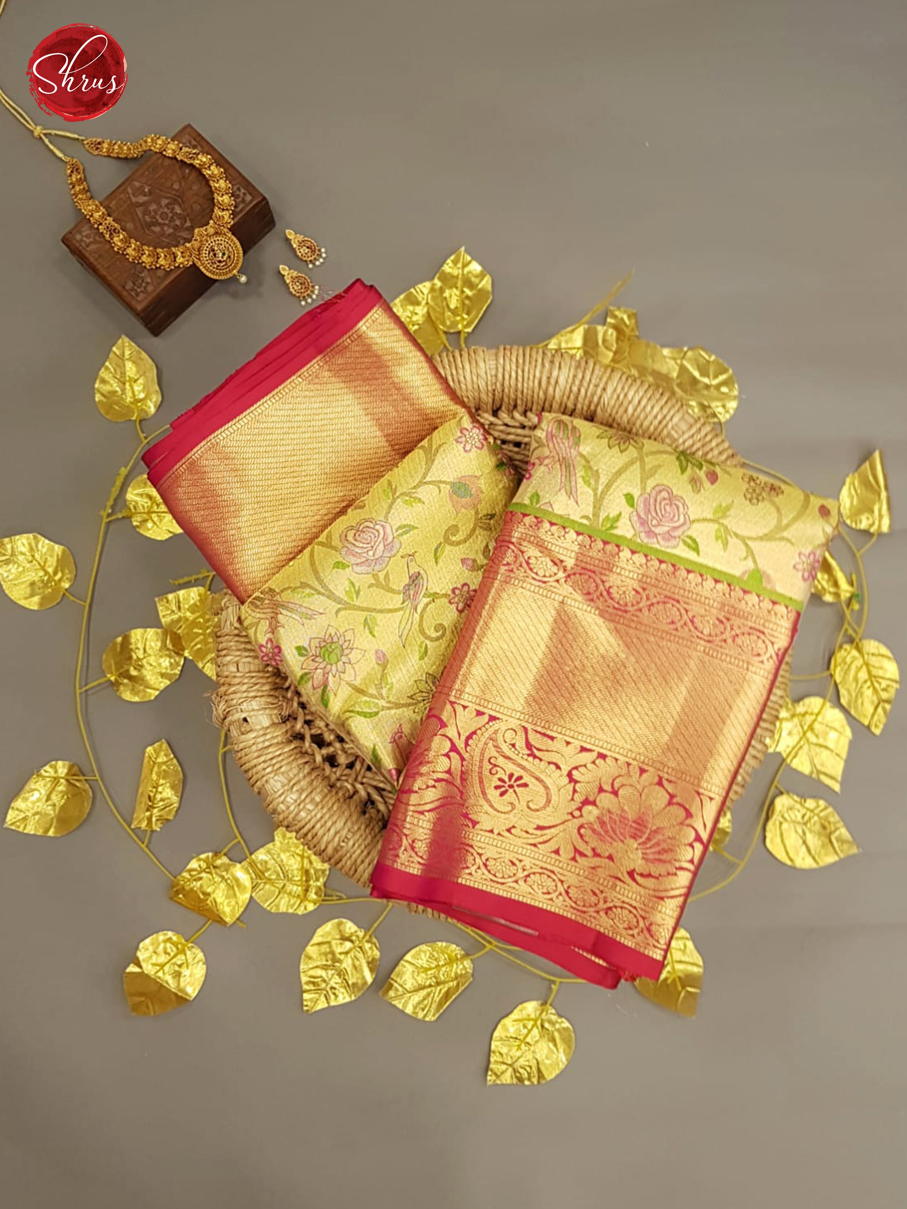 Goldish Green & Mild pink - Kanchipuram Silk with Border & Gold zari - Shop on ShrusEternity.com