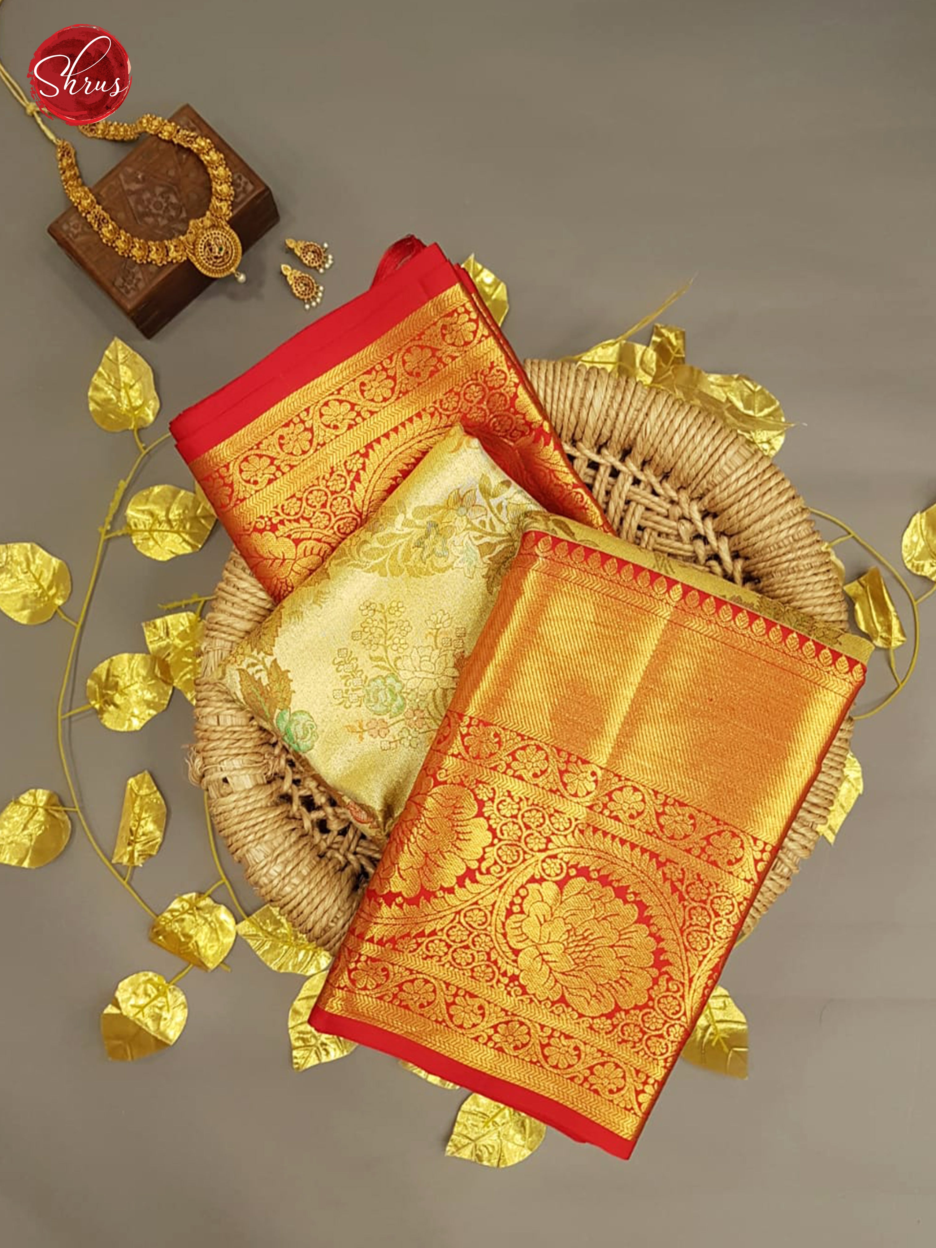 Pista Green & Yellow -Kanchipuram Silk with Border & gold Zari - Shop on ShrusEternity.com