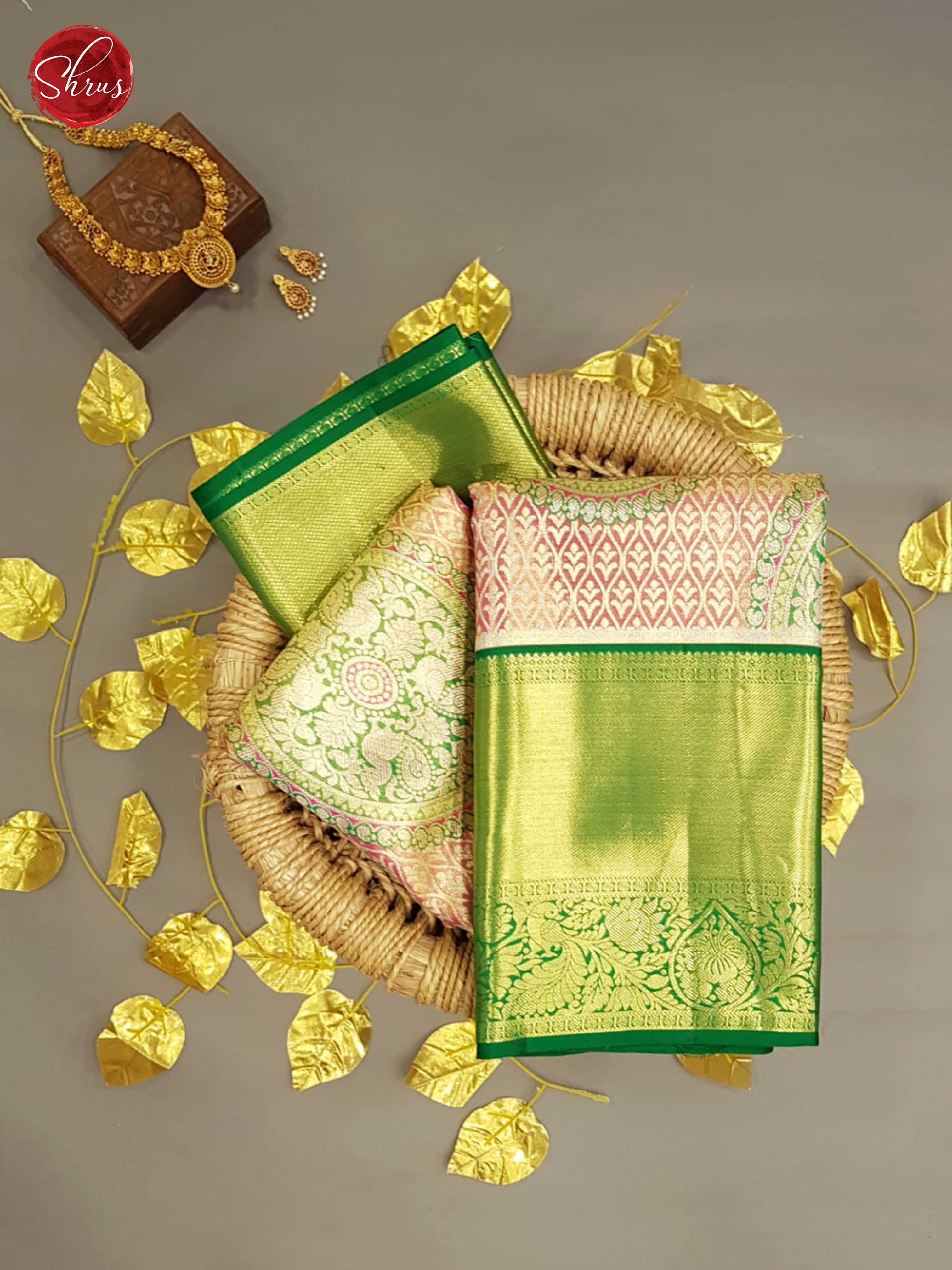 Light Pink & Green - Kanchipuram Silk with Border & Gold zari - Shop on ShrusEternity.com