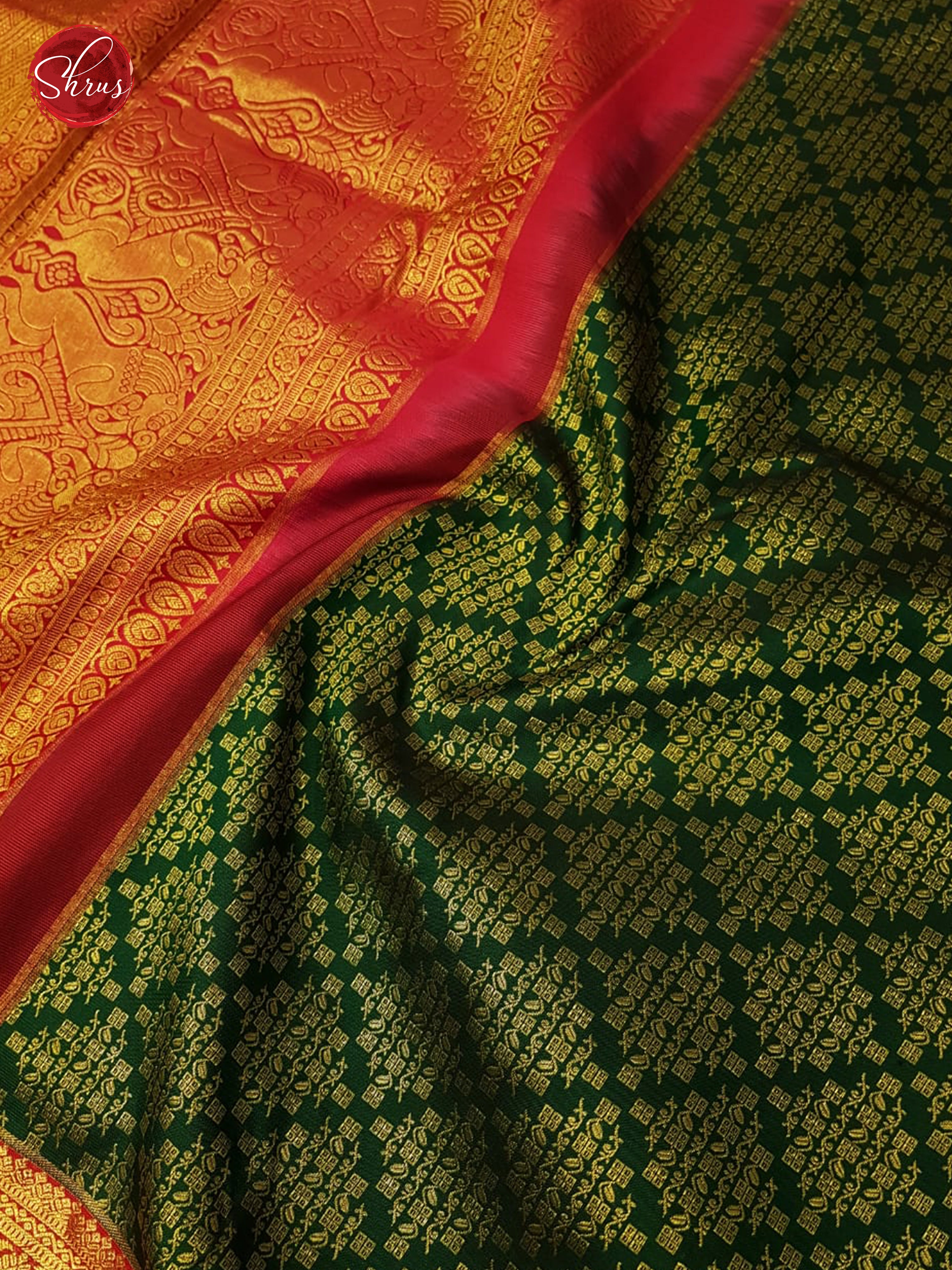 Bottle Green & Red - Kanchipuram Silk with Border & Gold zari - Shop on ShrusEternity.com