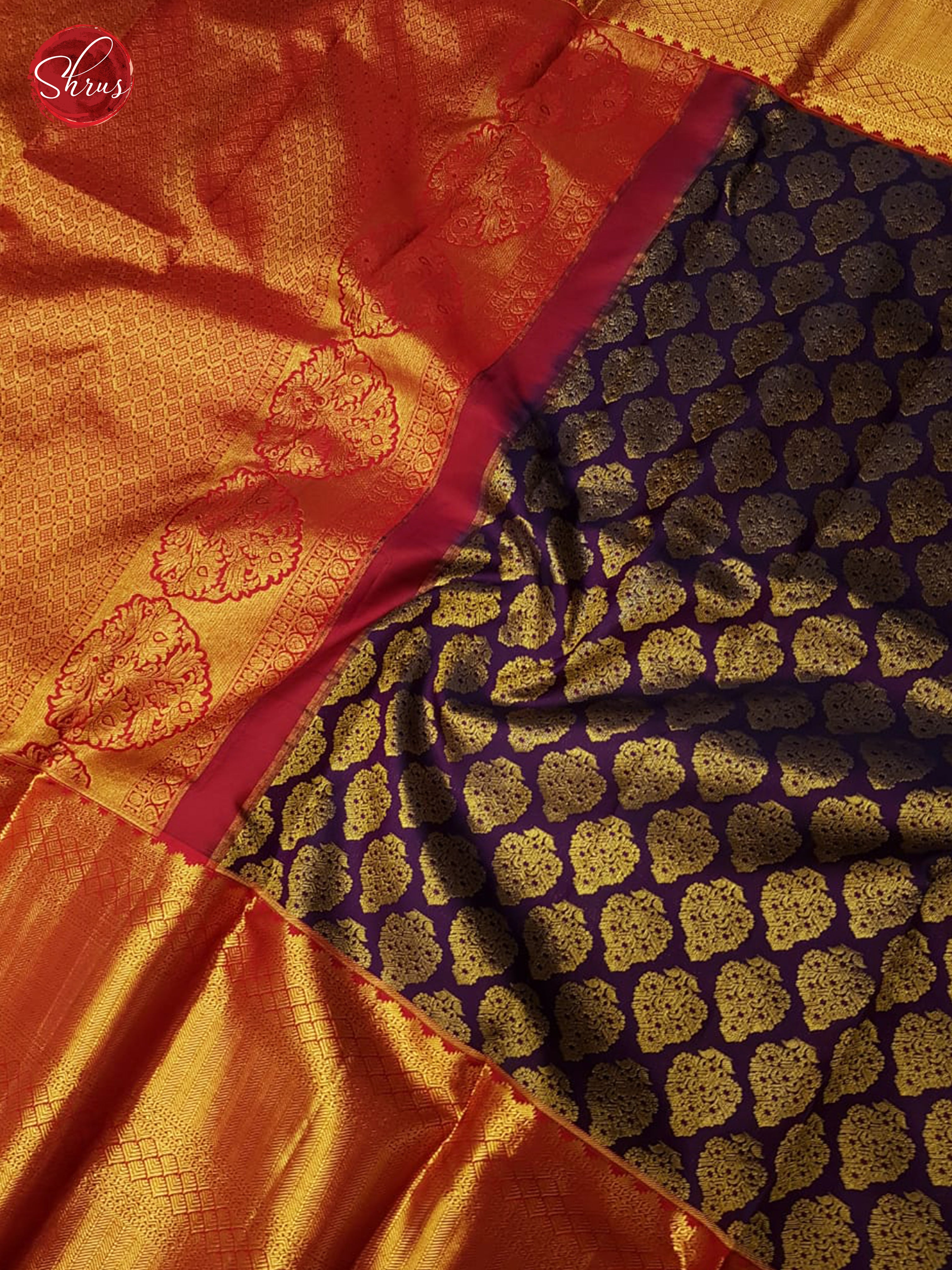 Violet & Red -Kanchipuram Silk with Border & Gold Zari - Shop on ShrusEternity.com