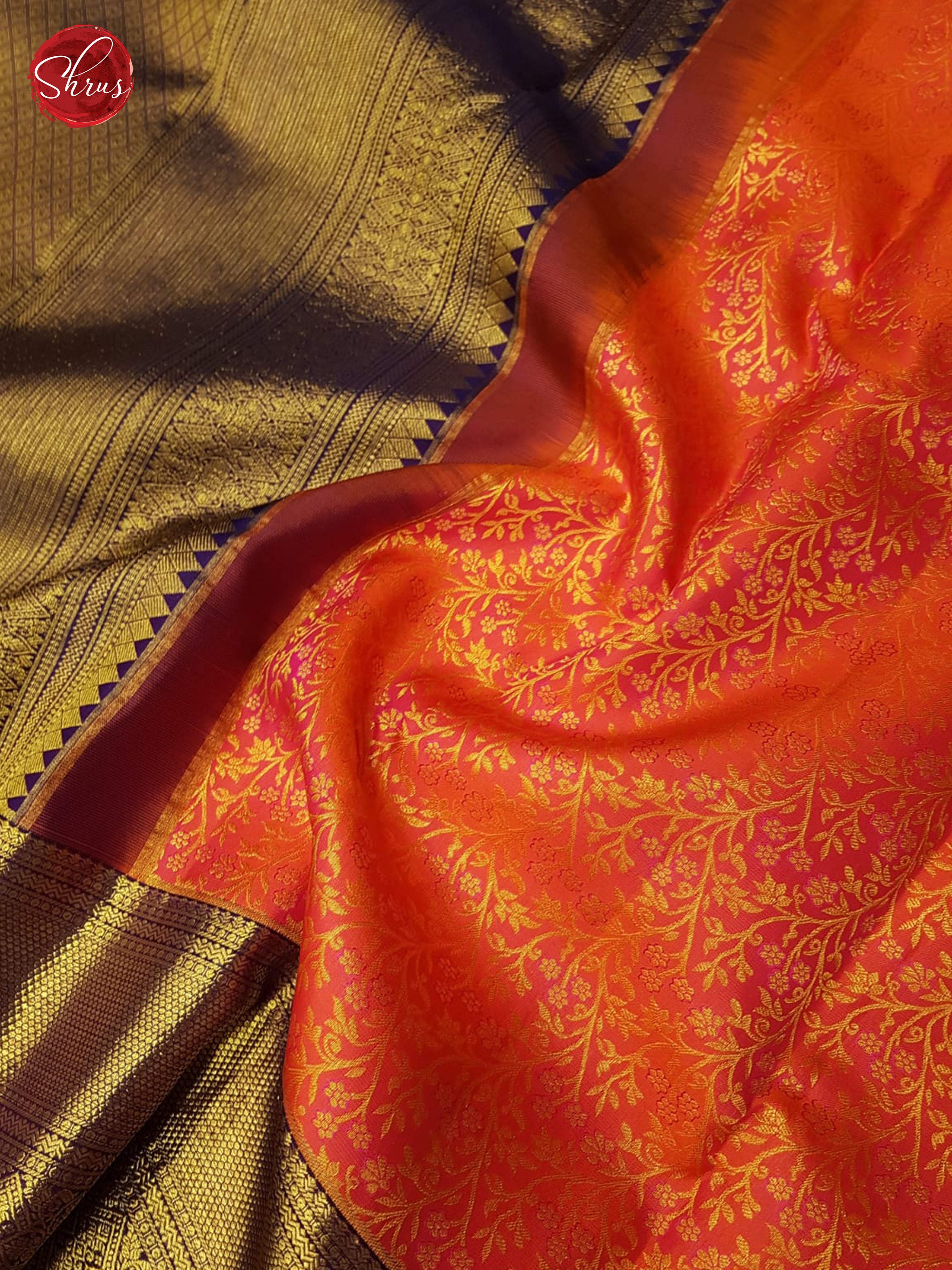 Orange & Blue - Kanchipuram Silk with Border & Gold zari - Shop on ShrusEternity.com