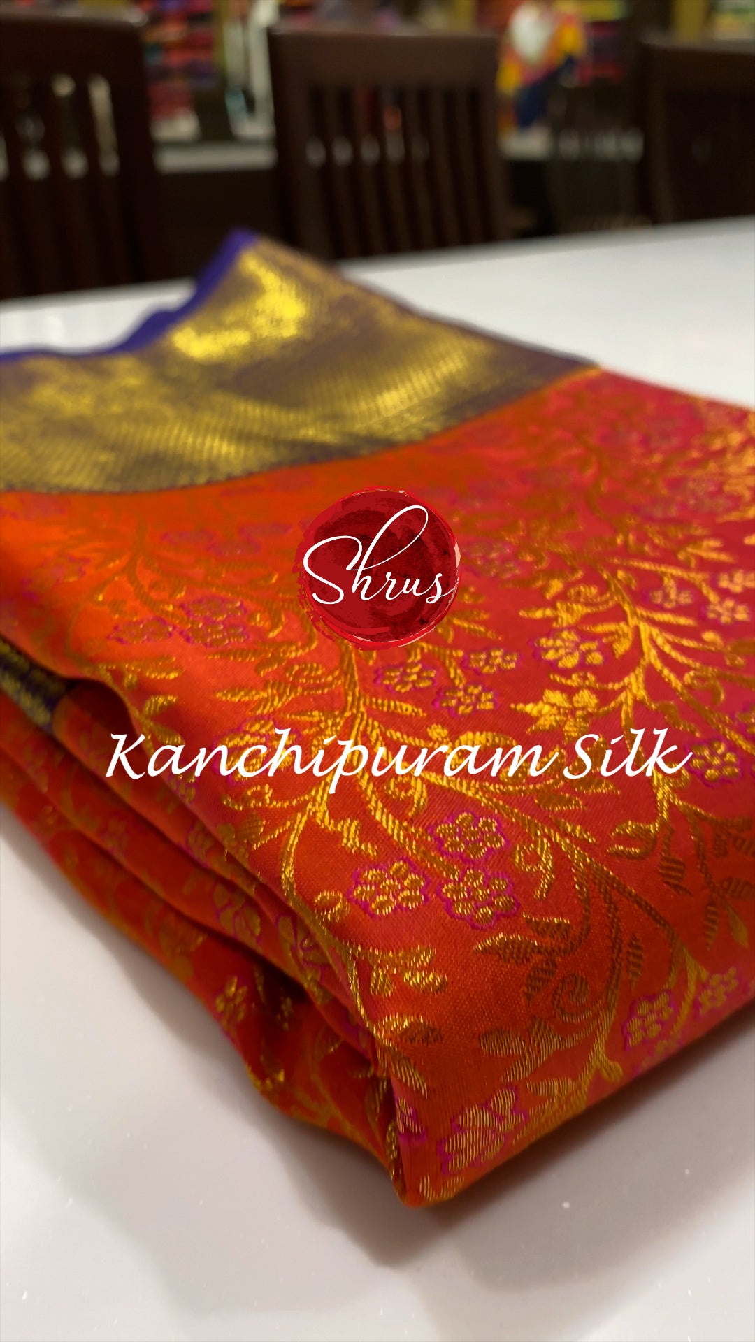 Orange & Blue - Kanchipuram Silk with Border & Gold zari - Shop on ShrusEternity.com