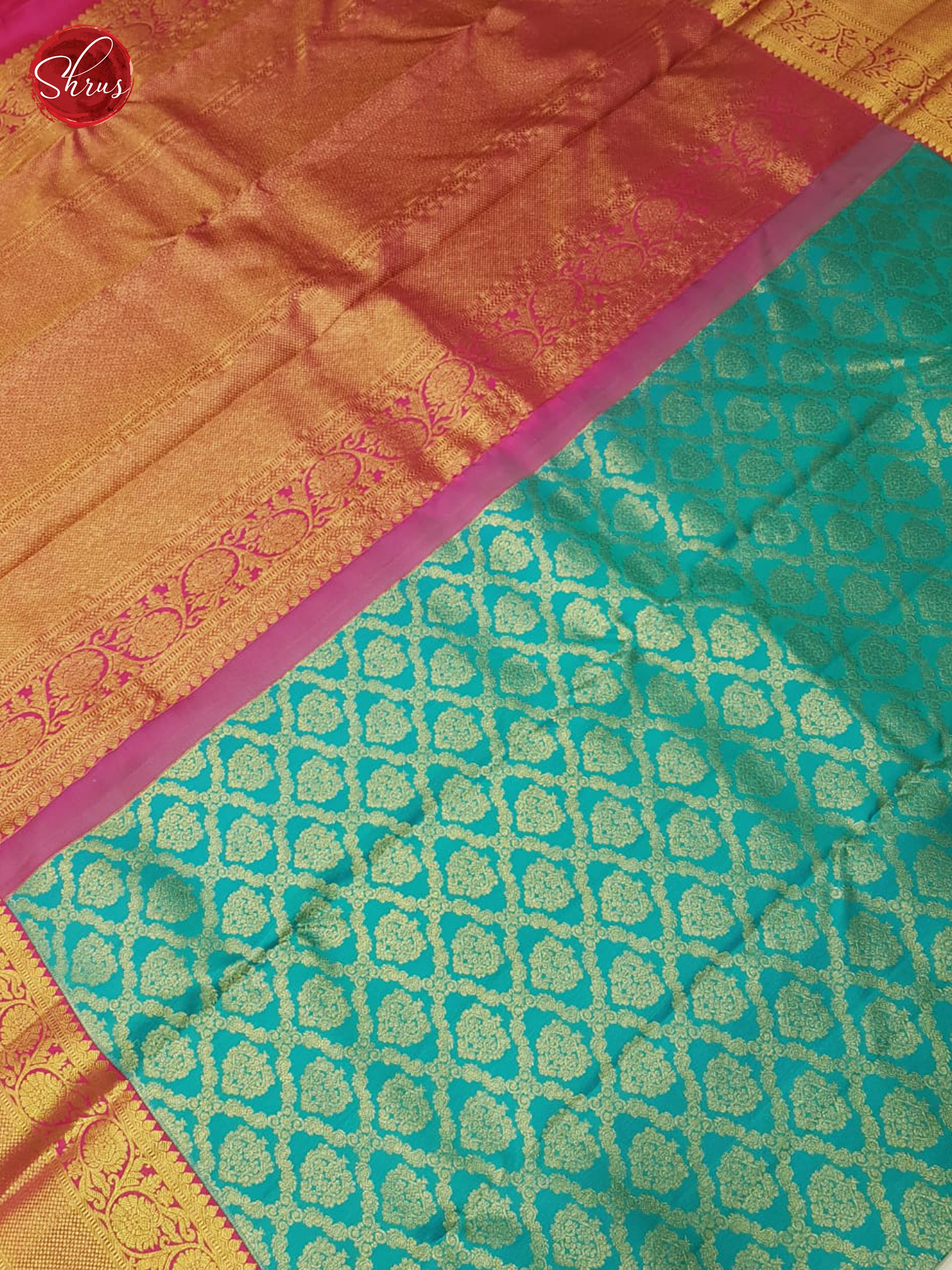 Teal & Pink - Kanchipuram Silk with Border & gold zari - Shop on ShrusEternity.com