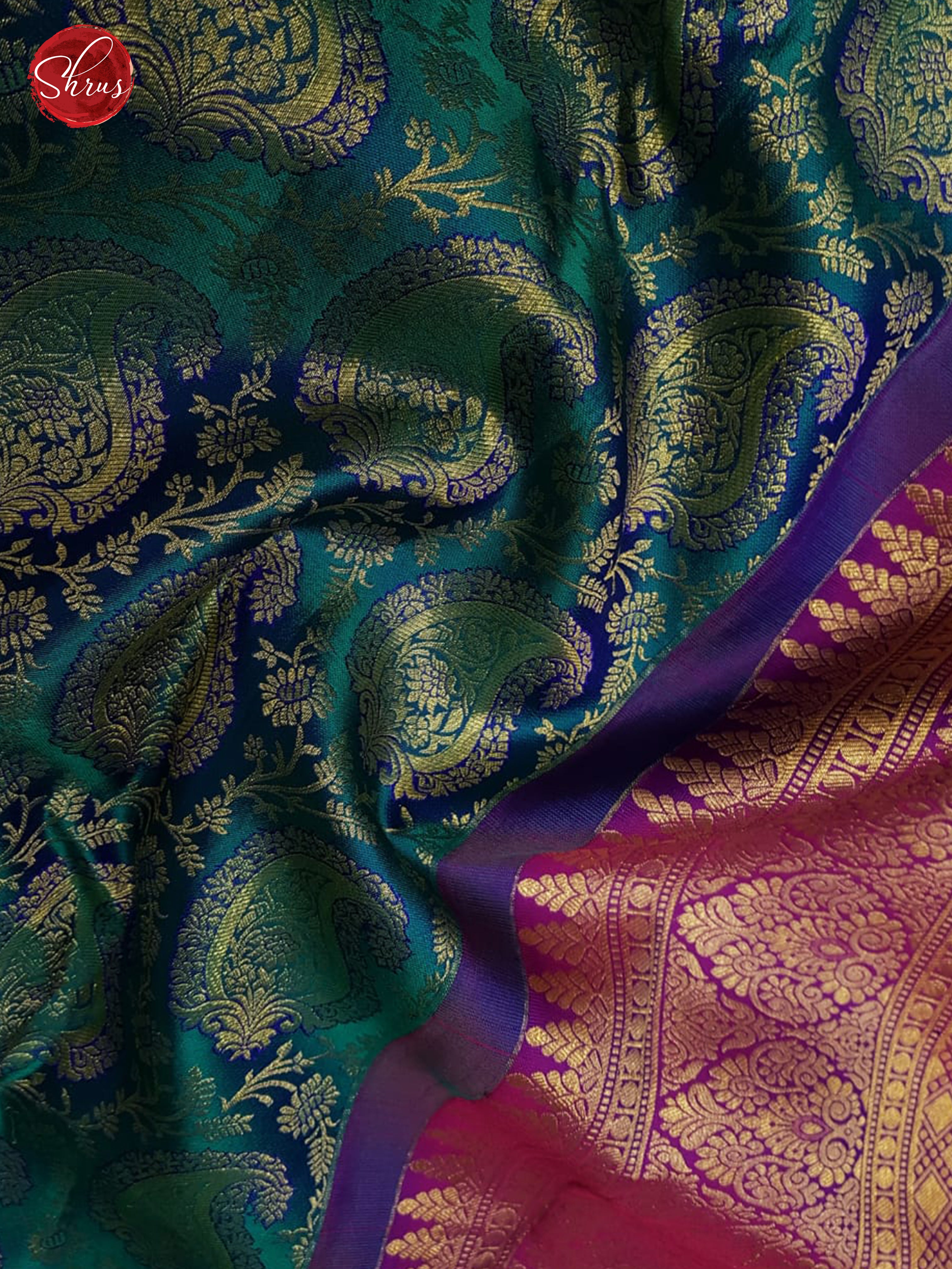 Peacock Green & Purple - Kanchipuram Silk with Border & Gold Zari - Shop on ShrusEternity.com