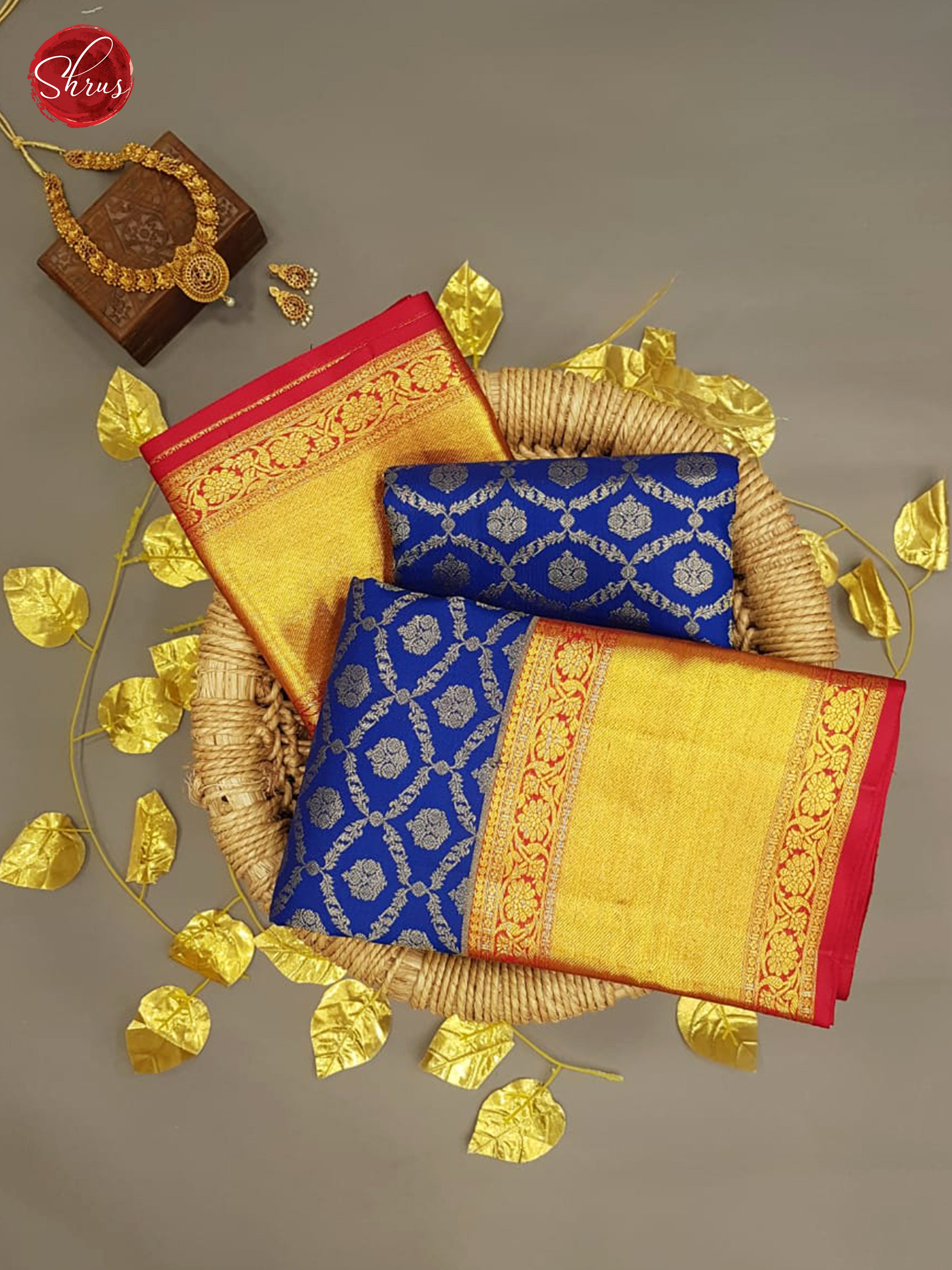 Blue & Water Melon Pink - Kanchipuram Silk with Border & gold zari - Shop on ShrusEternity.com