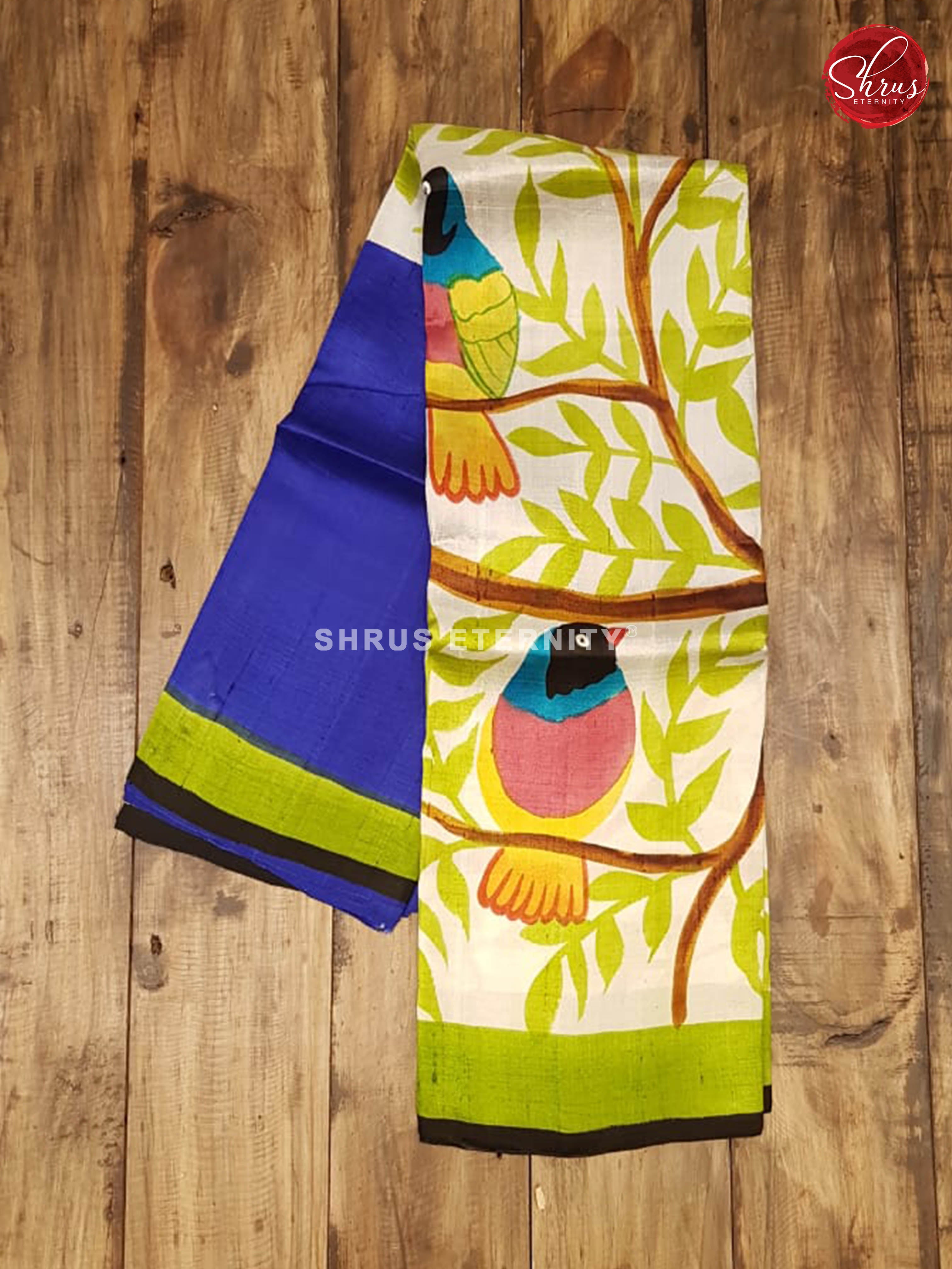 Blue & Cream - Printed Silk with Hand Paint - Shop on ShrusEternity.com