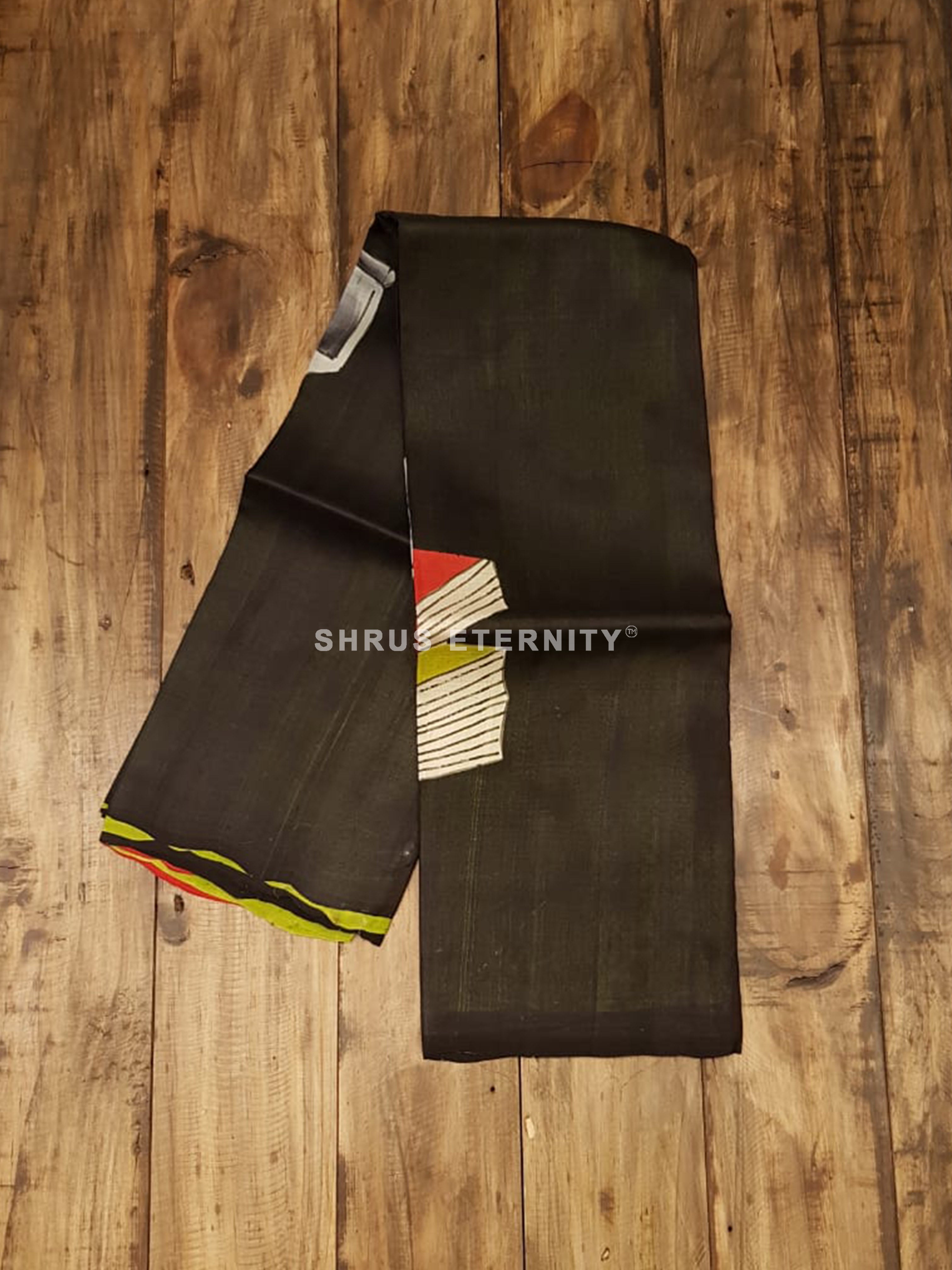 Black & Green - Printed Silk with Handpaint work - Shop on ShrusEternity.com