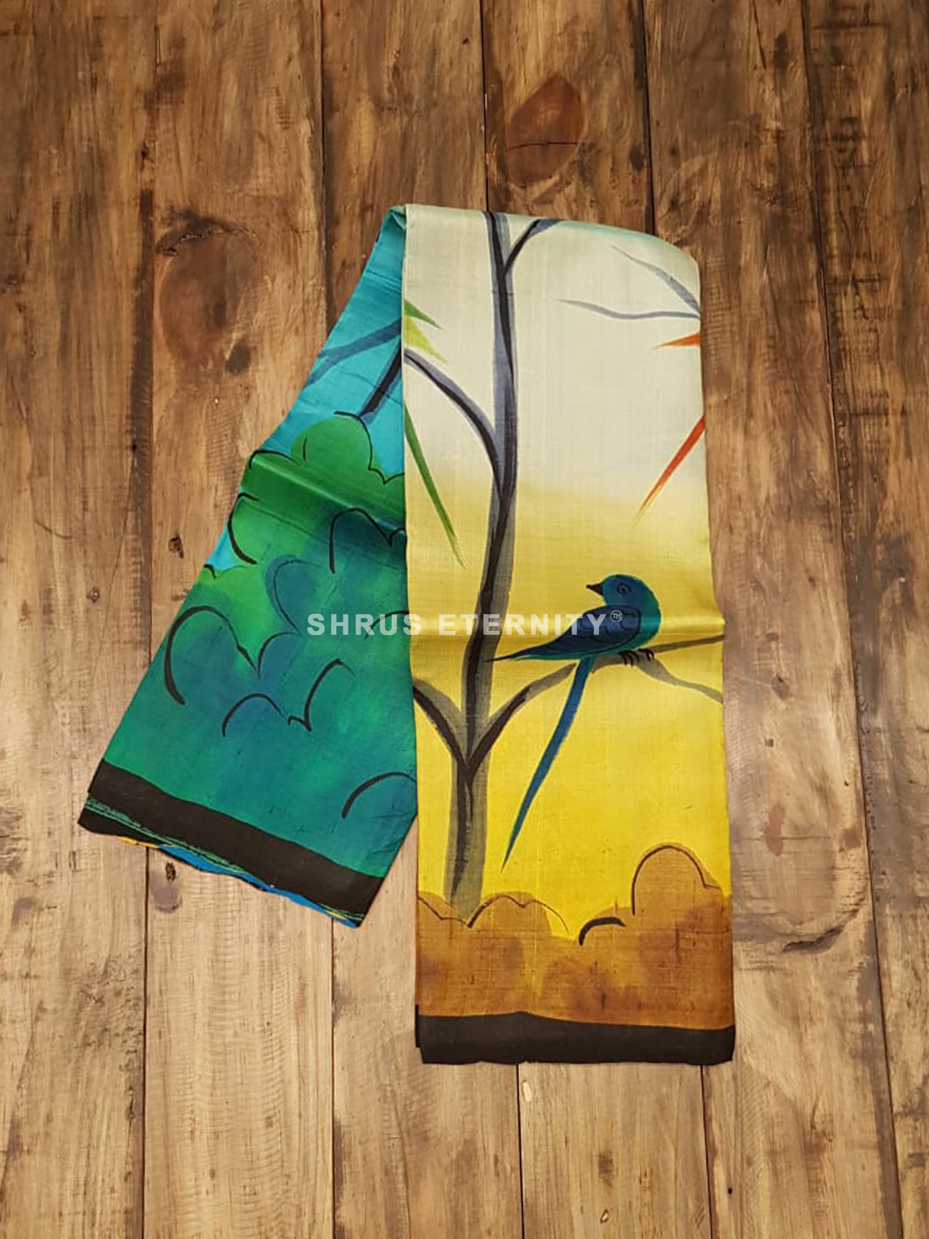Green & Mustard - Printed Silk with Hand Paint - Shop on ShrusEternity.com