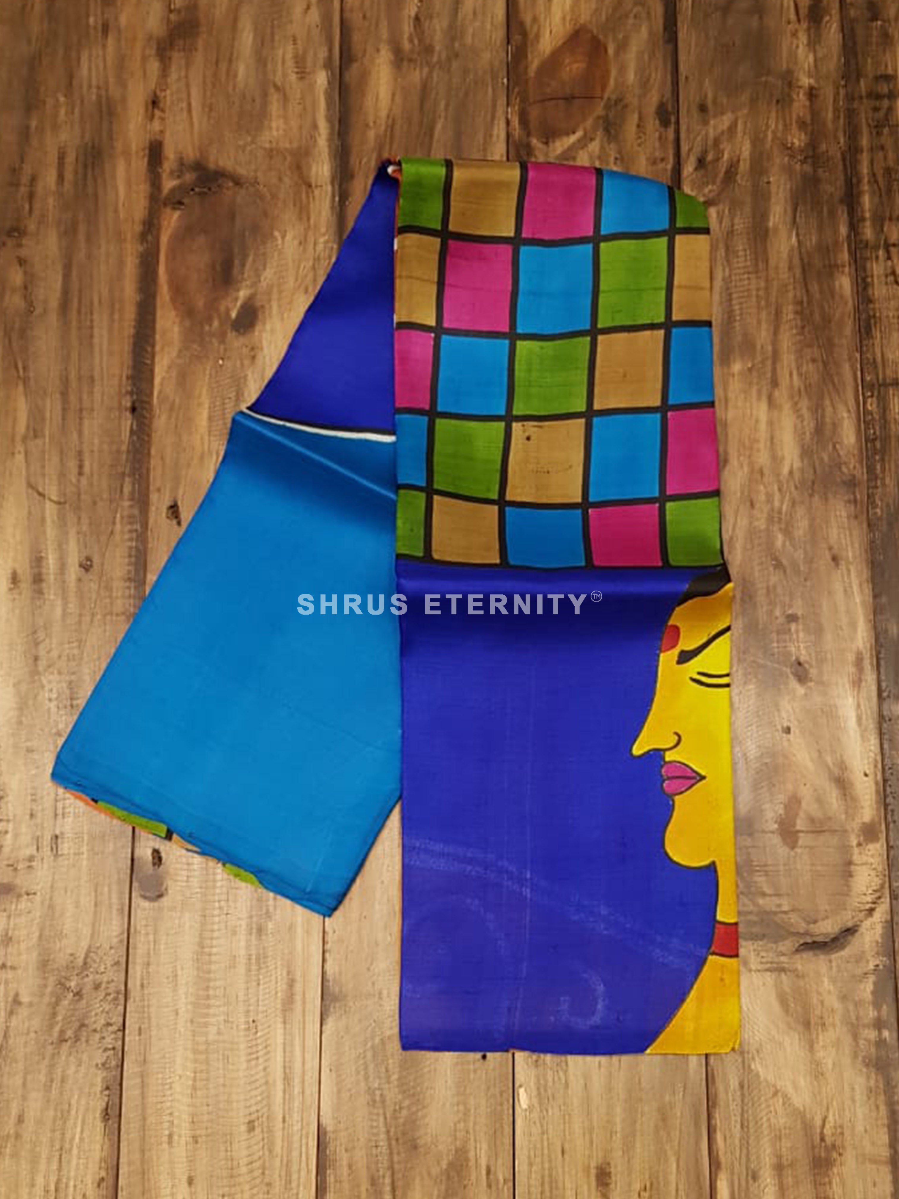 Blue & Orange - Printed Silk with Hand Paint - Shop on ShrusEternity.com