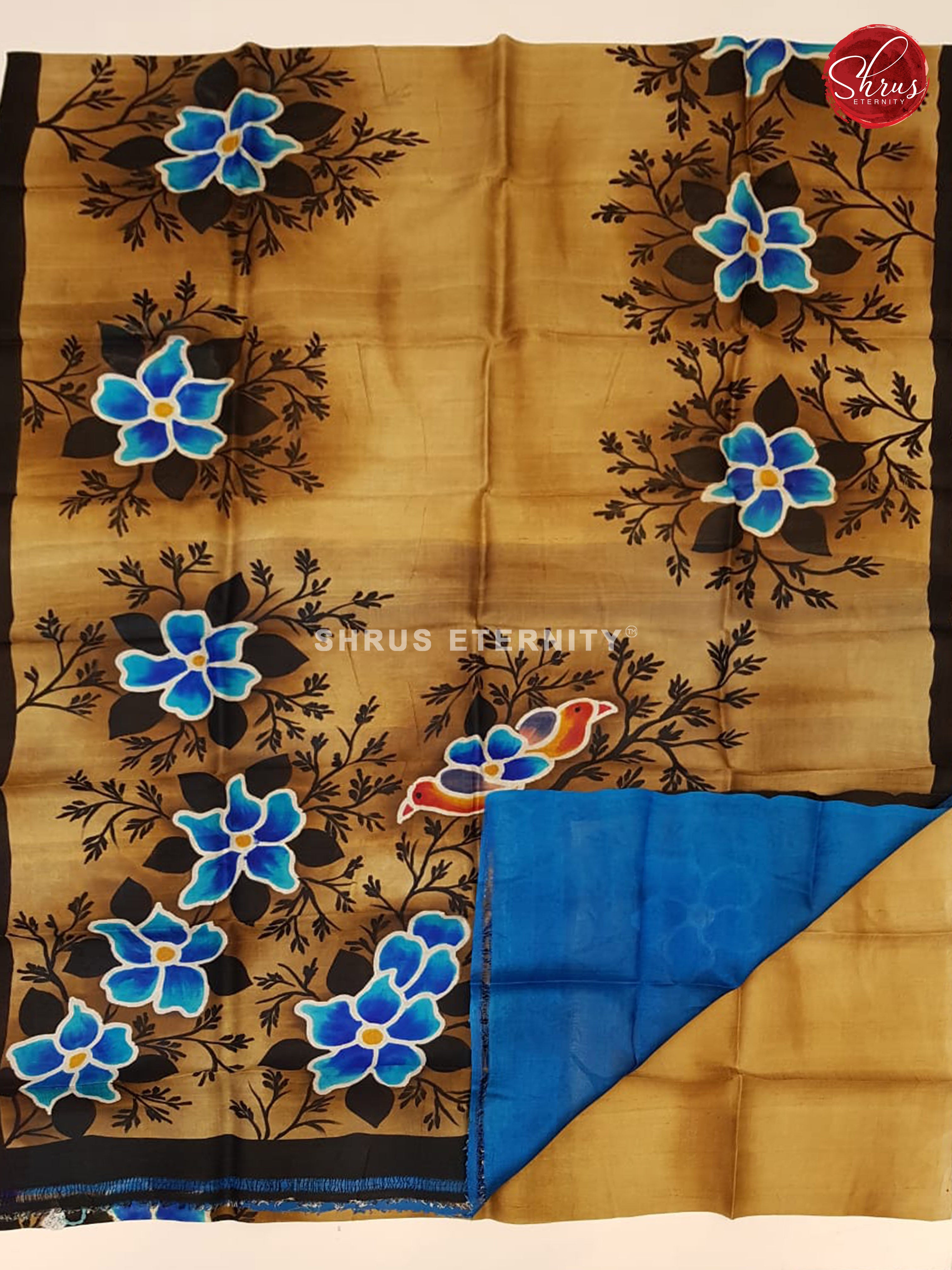 Dark Caramel & Blue - Printed Silk with Hand paint - Shop on ShrusEternity.com