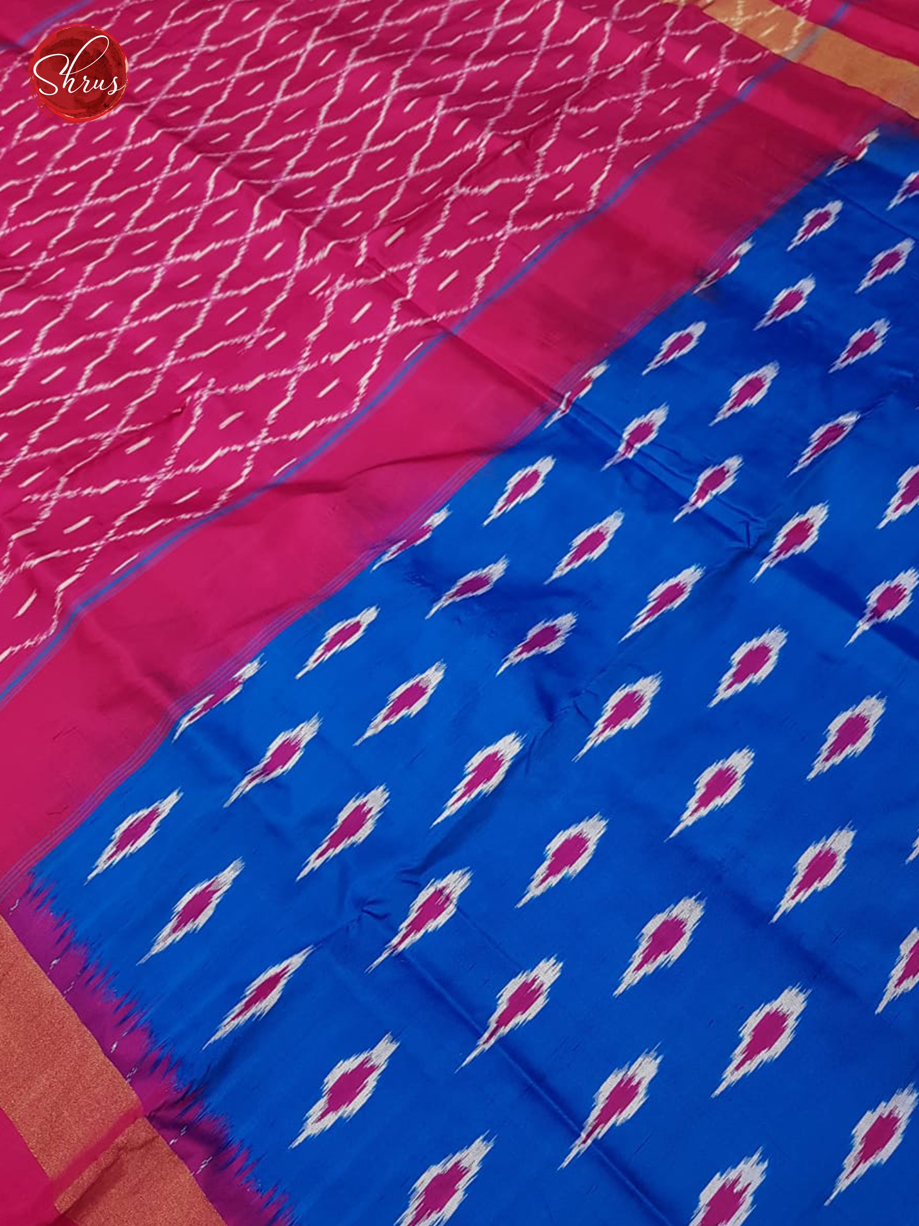 Blue & Pink - Ikkat Silk with Gold Zari Border - Shop on ShrusEternity.com