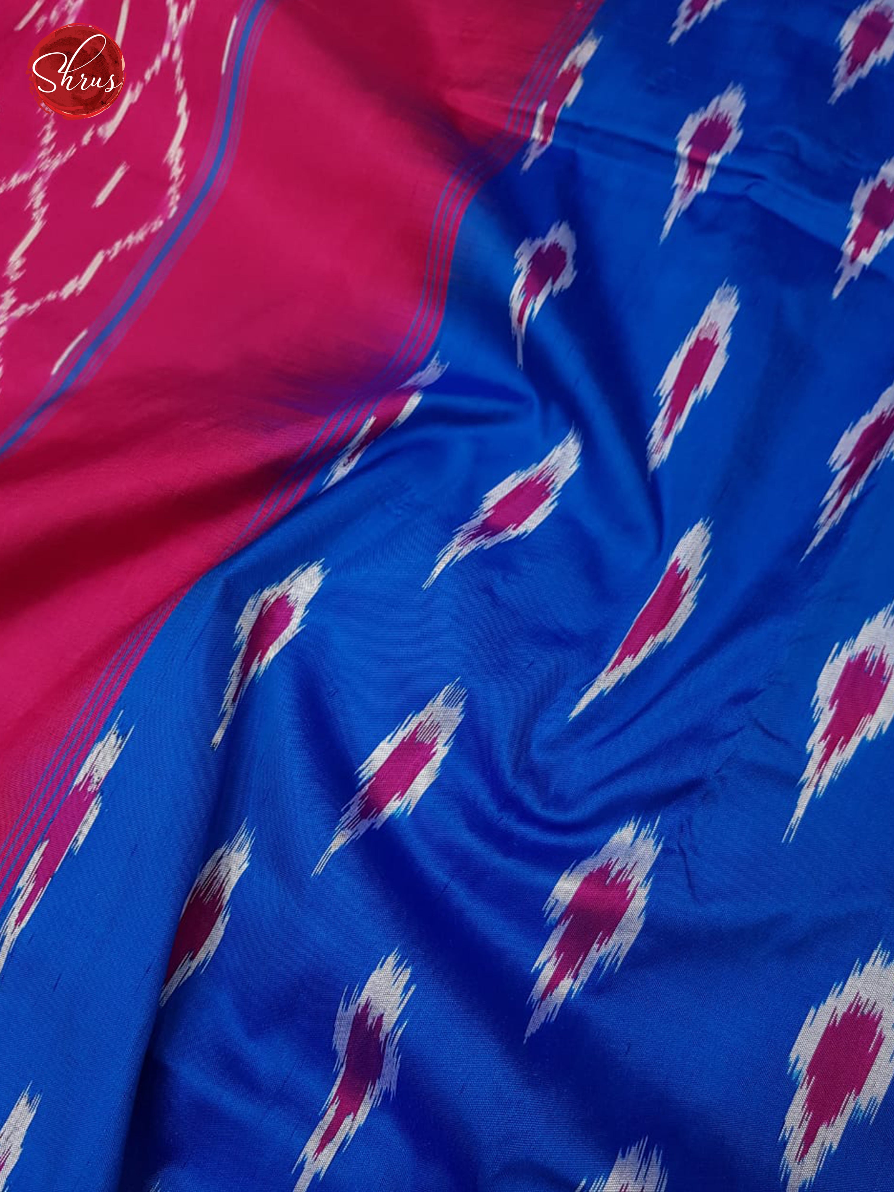 Blue & Pink - Ikkat Silk with Gold Zari Border - Shop on ShrusEternity.com
