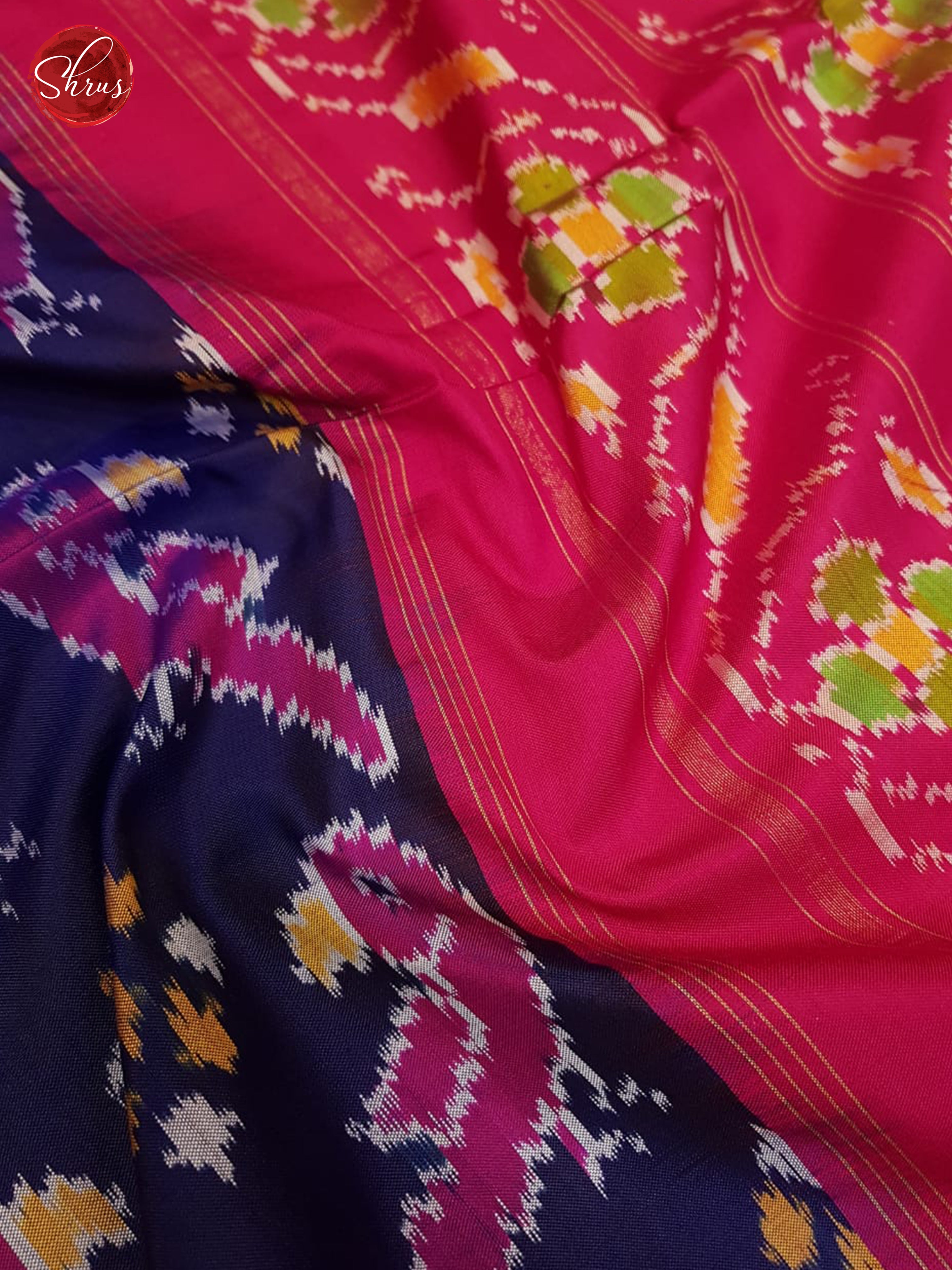 Ink Blue & Pink - Ikkat Silk with Zari Border - Shop on ShrusEternity.com