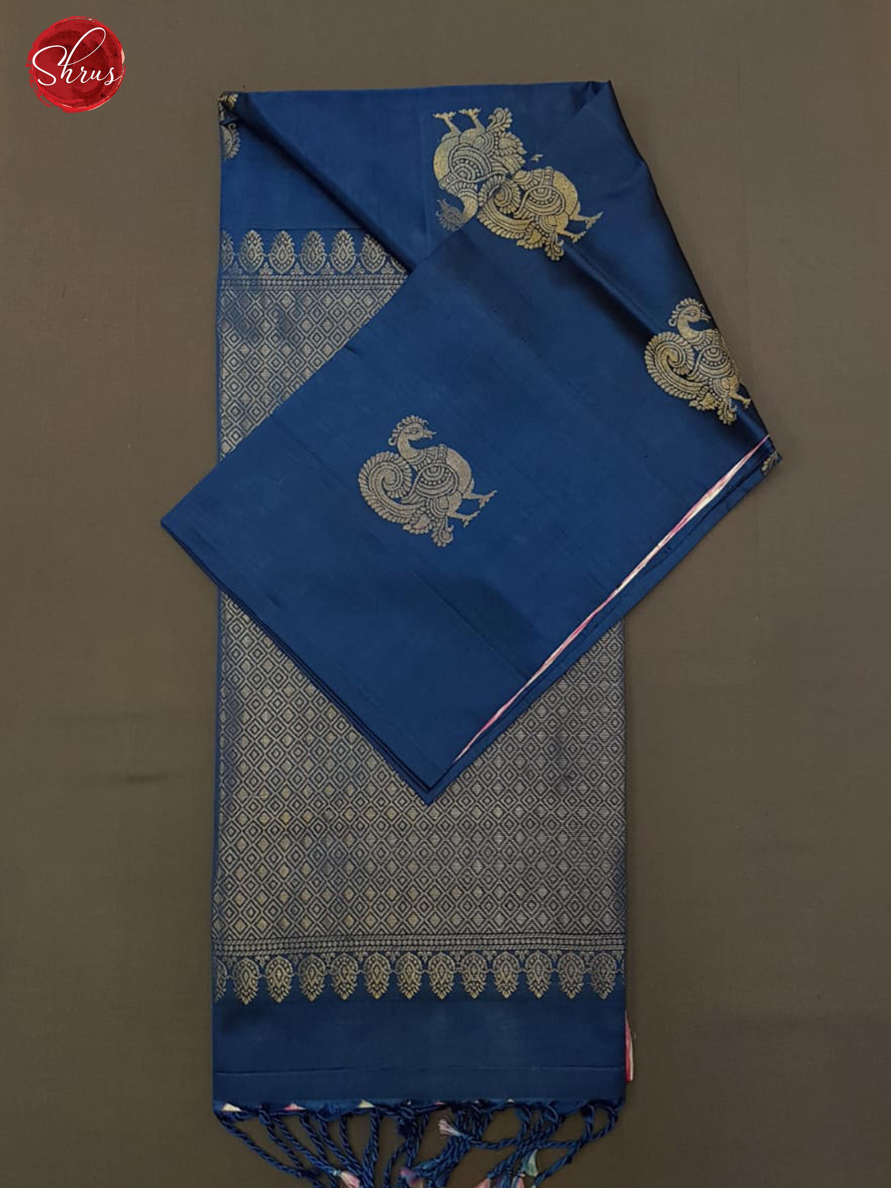 Blue & Cream -  Borderless Silk(Half Pure) with zari woven Peacock motifs on the body - Shop on ShrusEternity.com