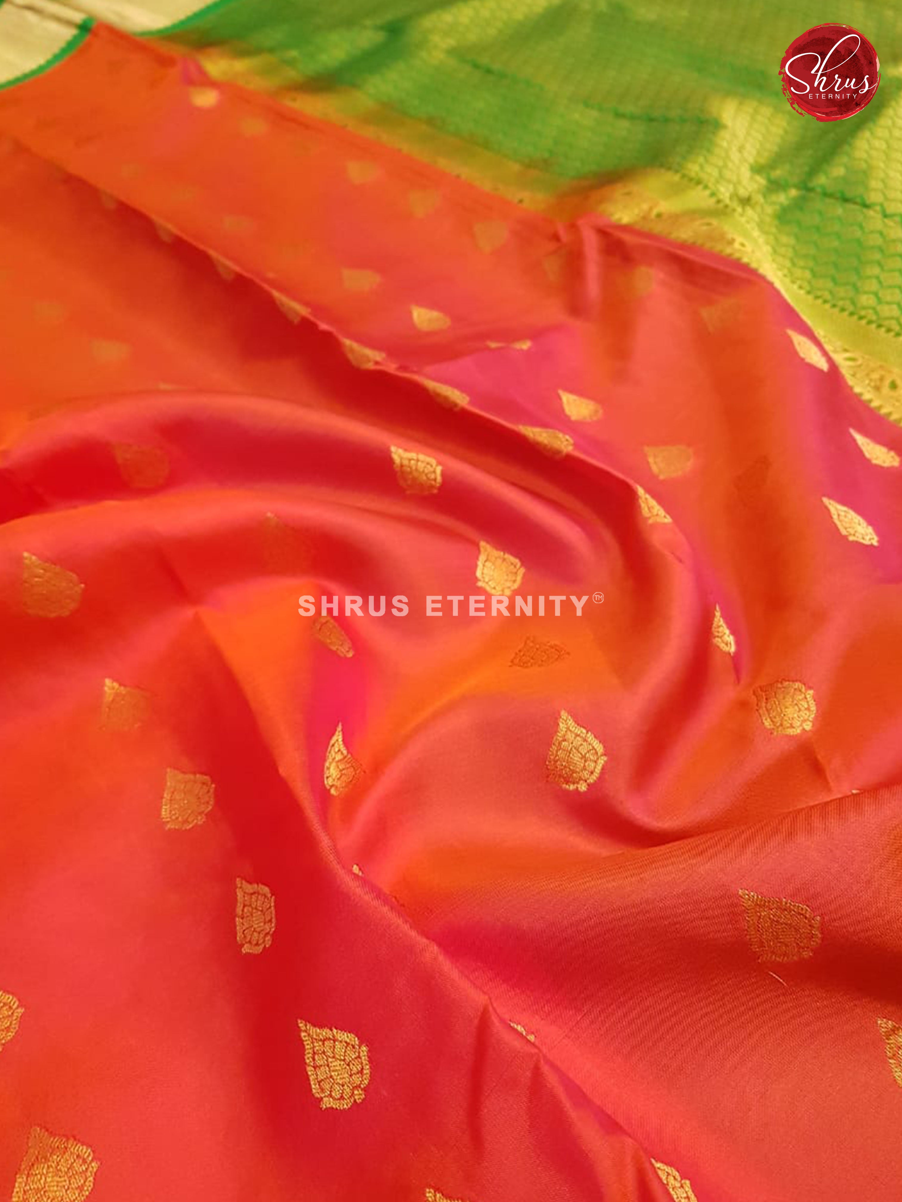 Orangish Pink  & Green - Kanchipuram Silks - Shop on ShrusEternity.com