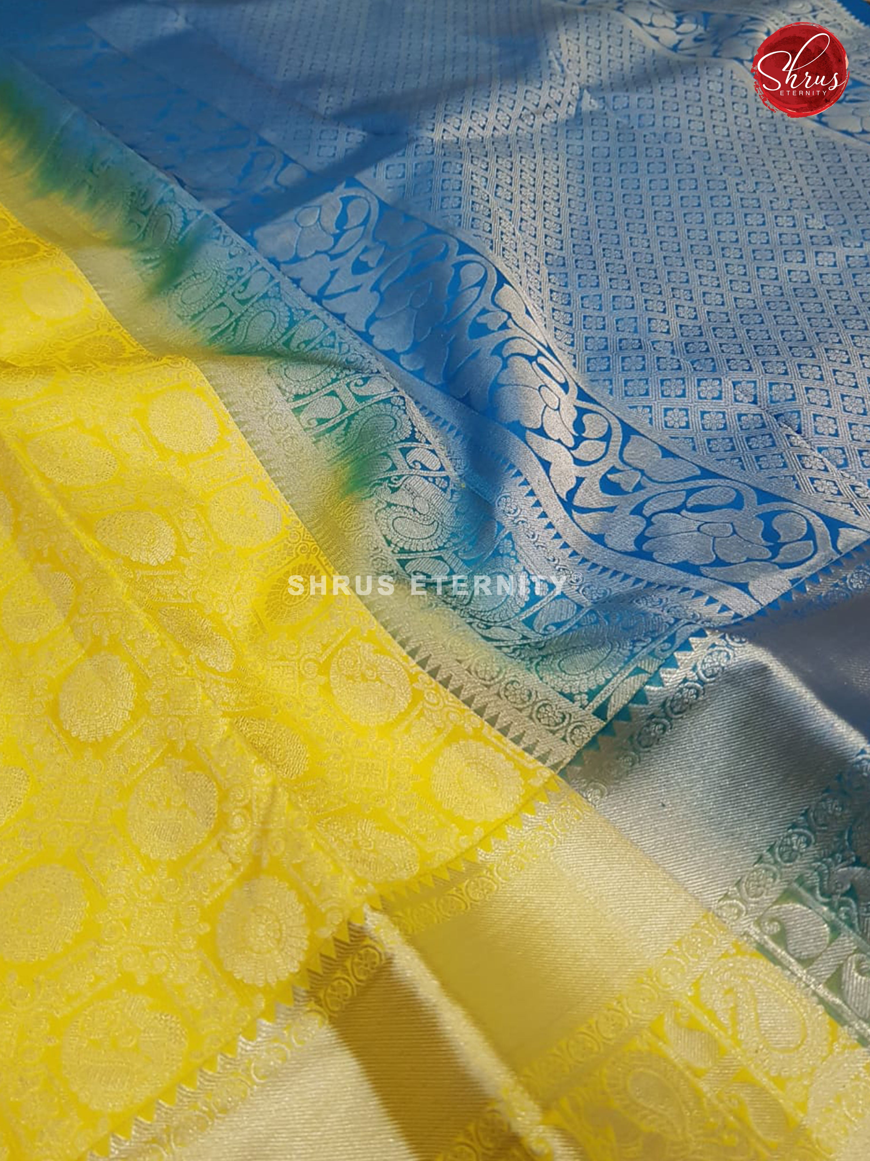 Lime Yellow & Blue - Kanchipuram Silks - Shop on ShrusEternity.com