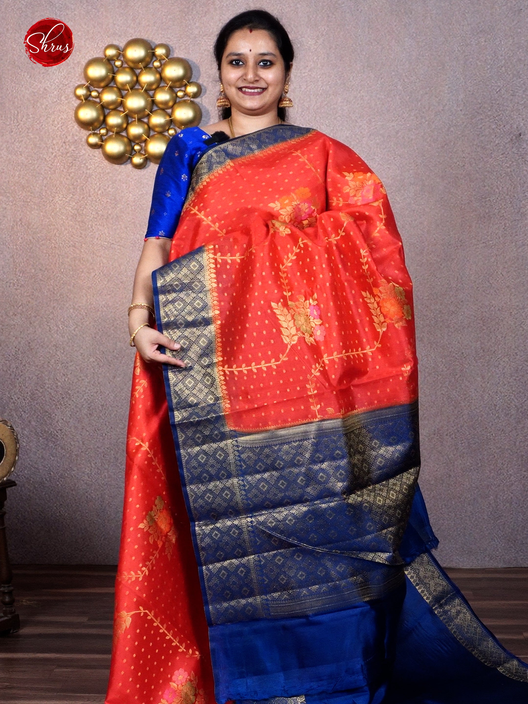 Orange & Blue - Chiniya Silk with zari woven buttas , motifs on the body & Contrast Zari Border - Shop on ShrusEternity.com