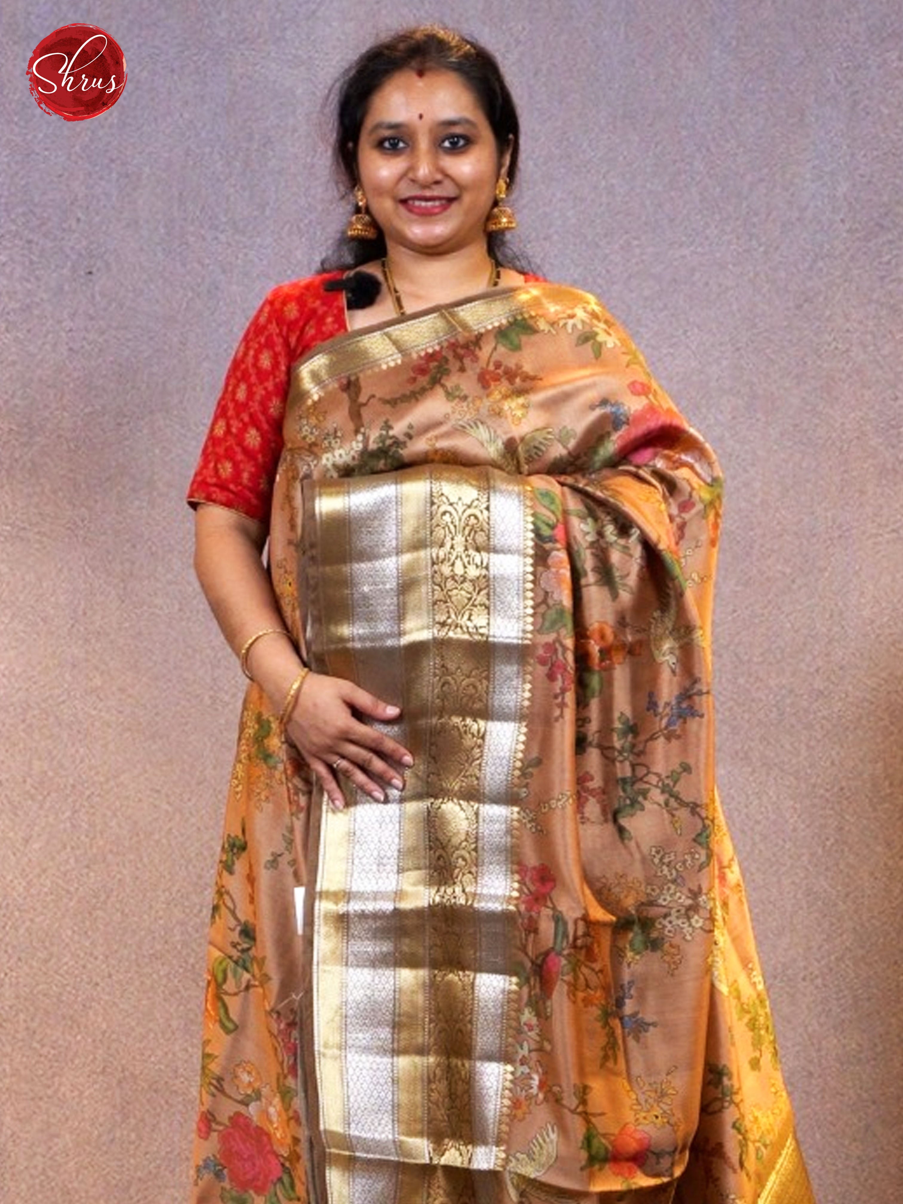 salmon(Single Tone)- Chiniya Silk with floral print , zari woven floral motifs on the body & Zari Border - Shop on ShrusEternity.com