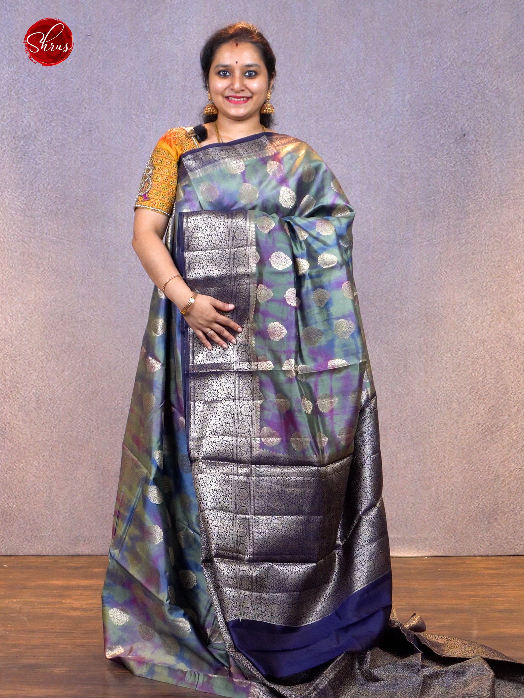 Grey & Blue- Chiniya Silk with Zari woven floral motifs on the Body & Zari Border - Shop on ShrusEternity.com