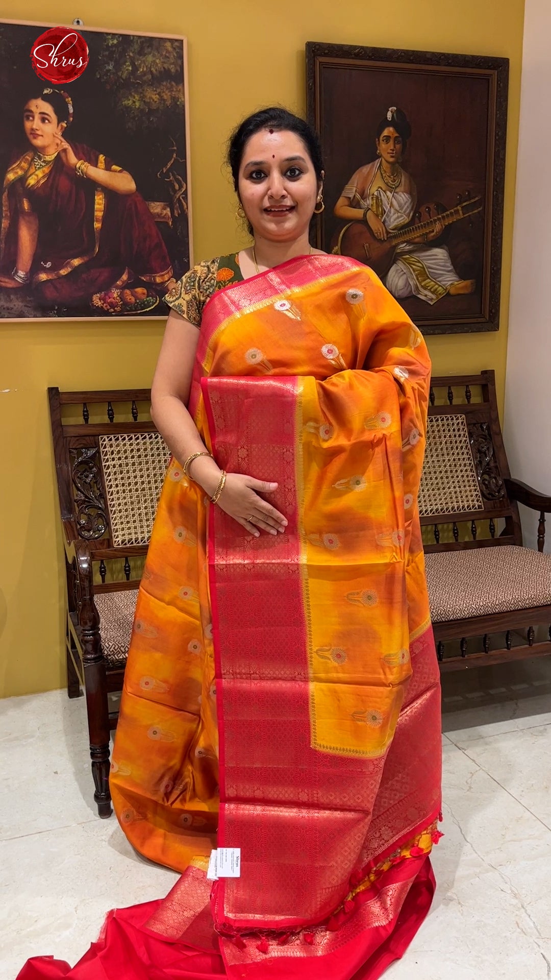 Mustard & Red - Chiniya Silk with zari woven floral buttas on the body & zari Border - Shop on ShrusEternity.com