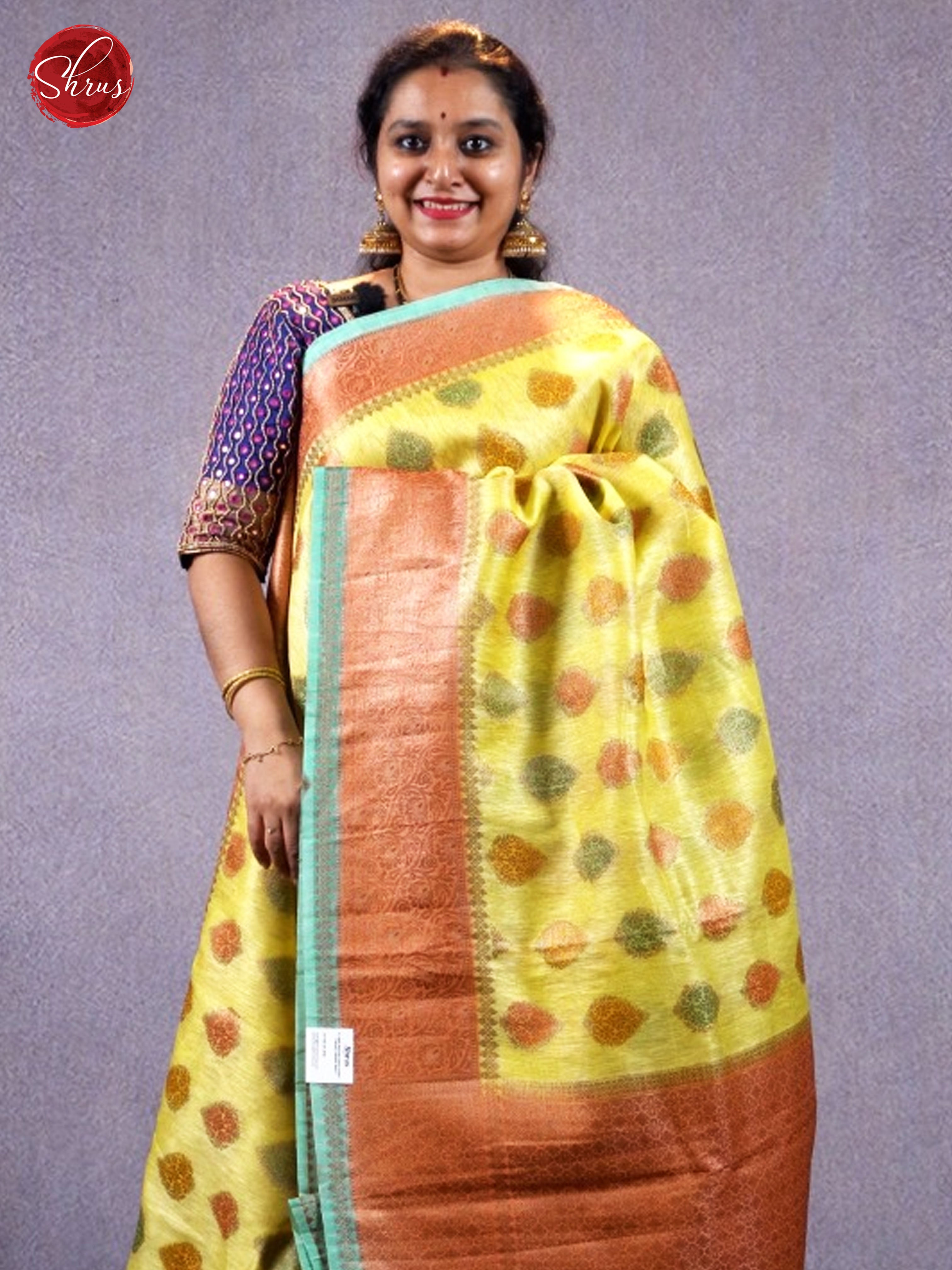 Yellow & Teal - Muslin Silk with Thread woven motifs on the body& Copper Zari Border - Shop on ShrusEternity.com