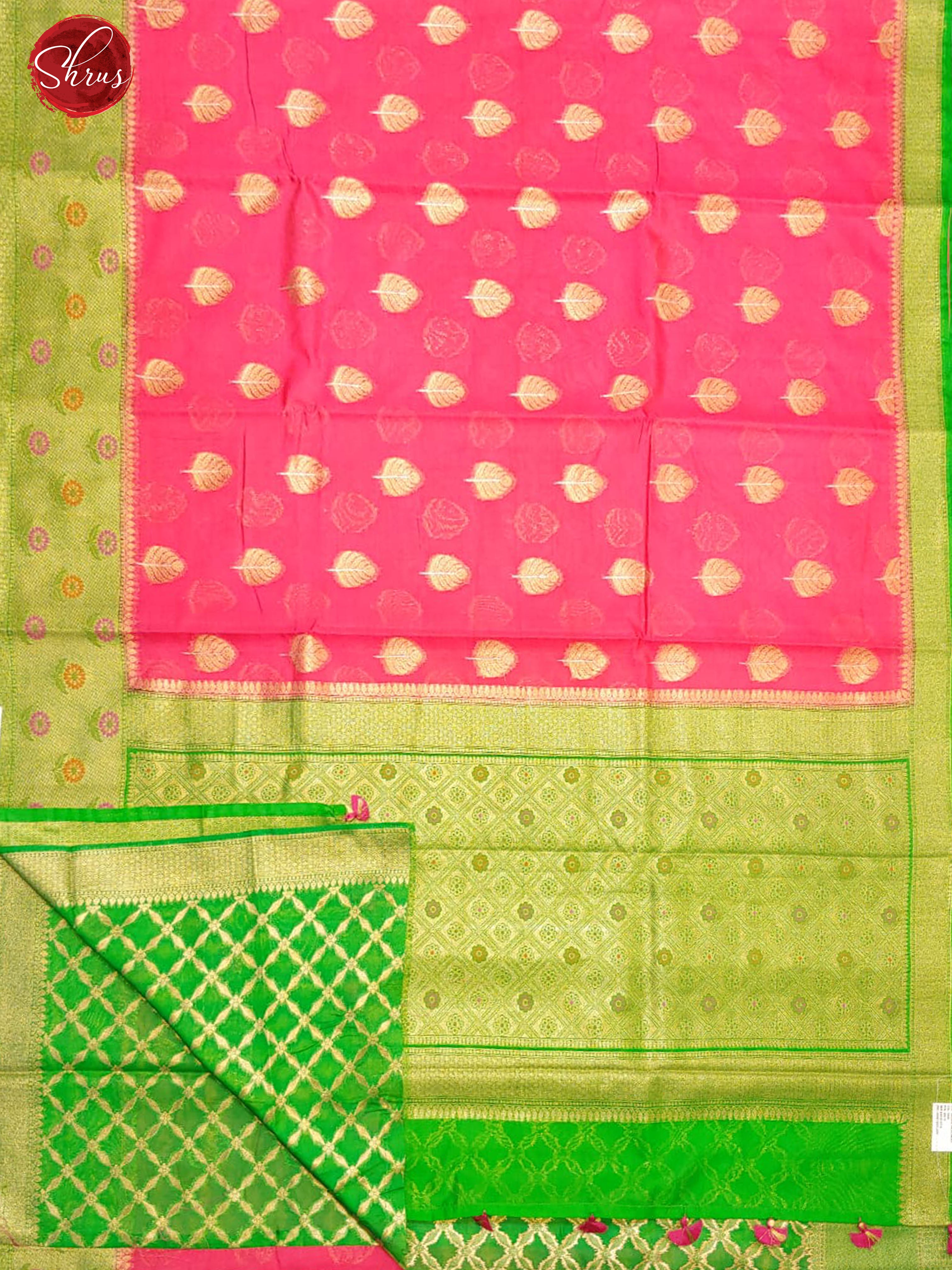 Pink & Green - Chiniya Silk Cotton with zari woven leaf motifs on the body & Zari Border - Shop on ShrusEternity.com