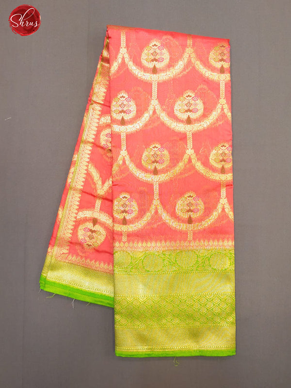 Peach & Green - Chiniya Silk cotton with zari woven floral motifs on the body & Zari Border - Shop on ShrusEternity.com