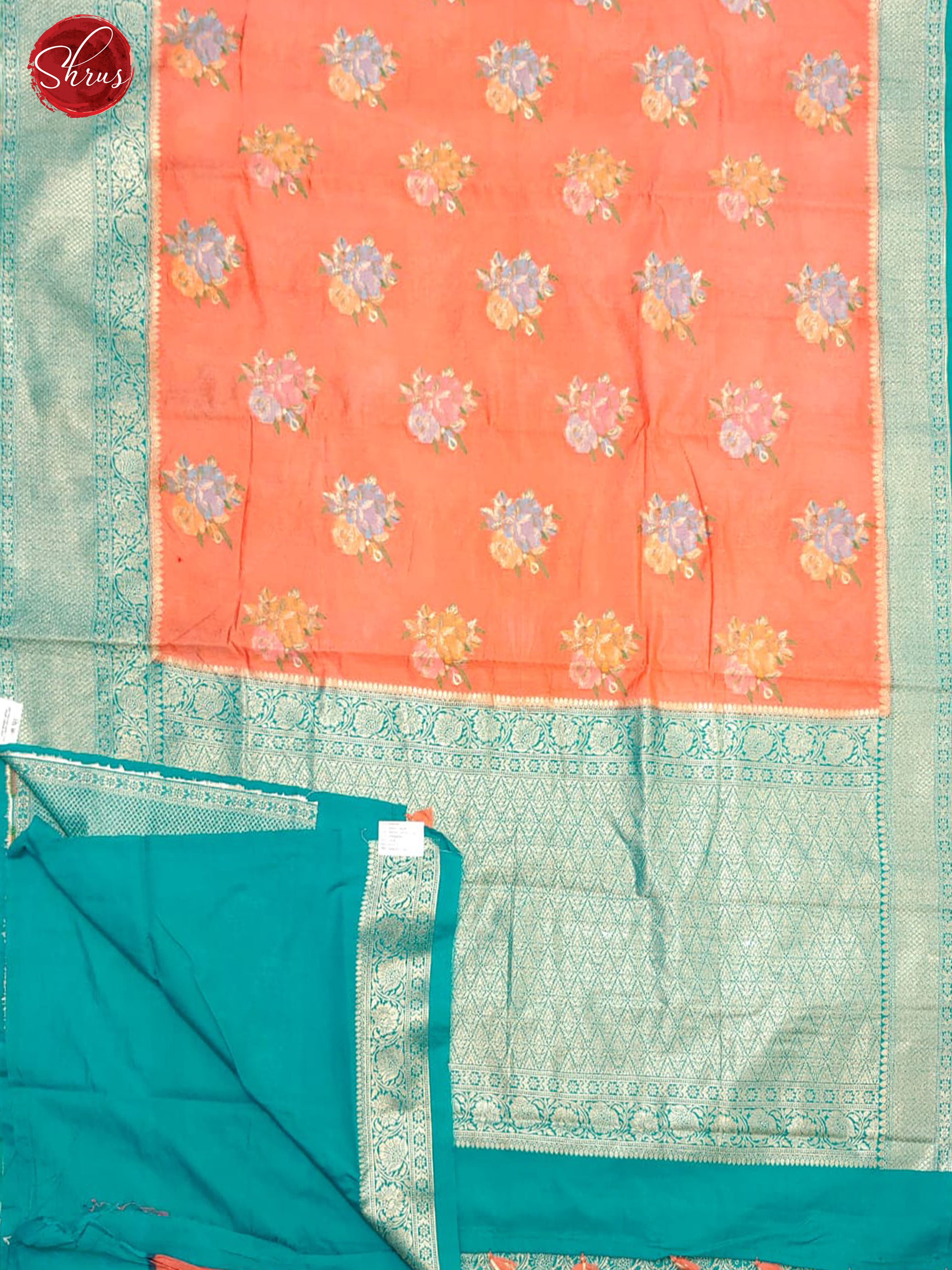 Peach & Teal - Chiniya Silk Cotton with floral motifs on thebody & Zari Border - Shop on ShrusEternity.com