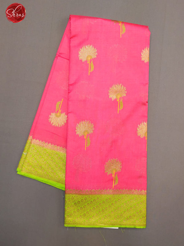 Pink & Green -Chiniya SIlk Cotton with Zari woven floral motifs on the body & Zari Border - Shop on ShrusEternity.com