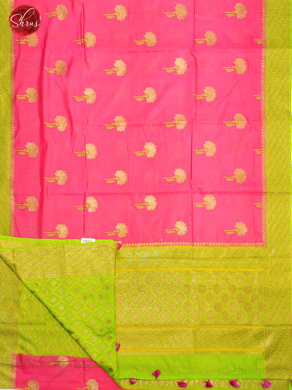 Pink & Green -Chiniya SIlk Cotton with Zari woven floral motifs on the body & Zari Border - Shop on ShrusEternity.com