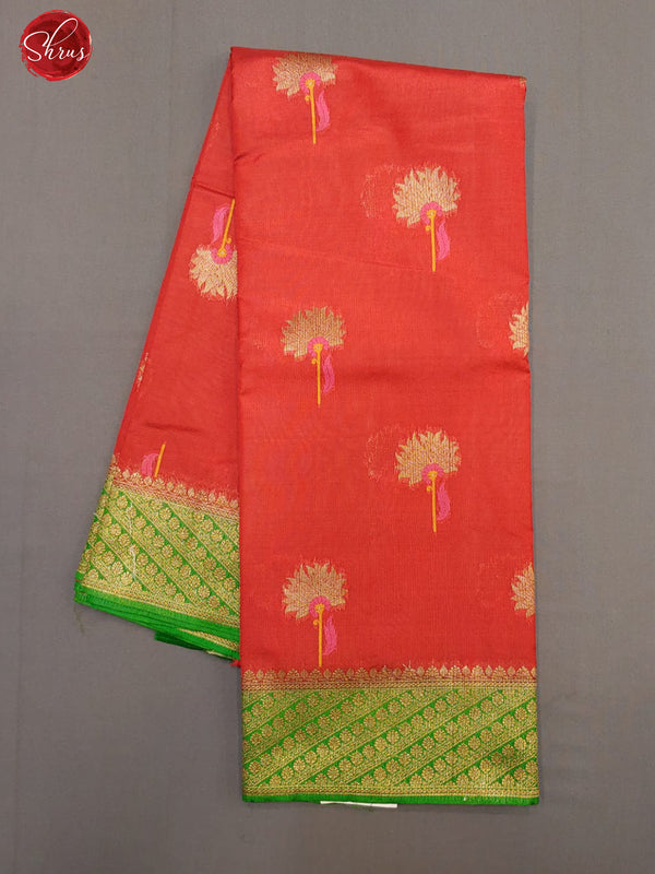 Red & Green - Chiniya Silk with Zari woven floral motifs on the body& Zari Border - Shop on ShrusEternity.com