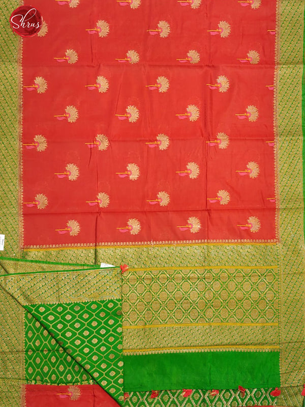Red & Green - Chiniya Silk with Zari woven floral motifs on the body& Zari Border - Shop on ShrusEternity.com